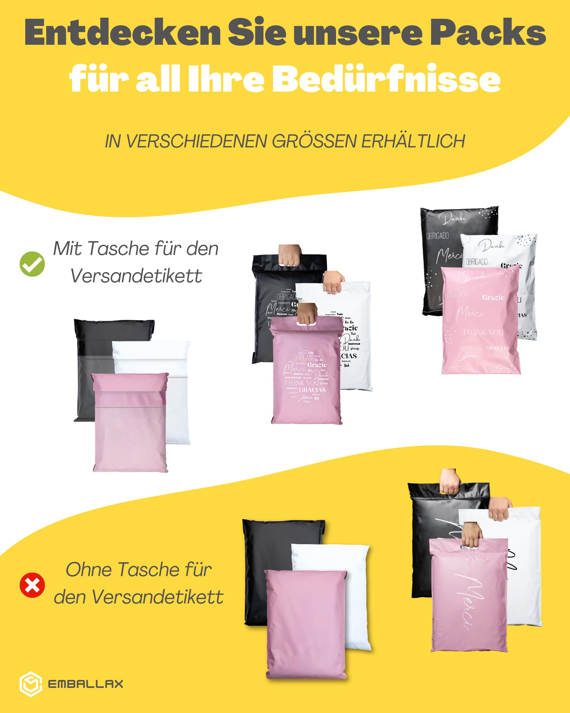 EMBALLAX - 60 Versandtaschen MIT TASCHE FÜR VERSANDETIKETT - 3 Größen M/L/XL - WIDERSTANDSFÄHIG/WASSERDICHT - Versandtüten für Kleidung - Warensendung Umschlag für Kartons - Versandbeutel - Danke