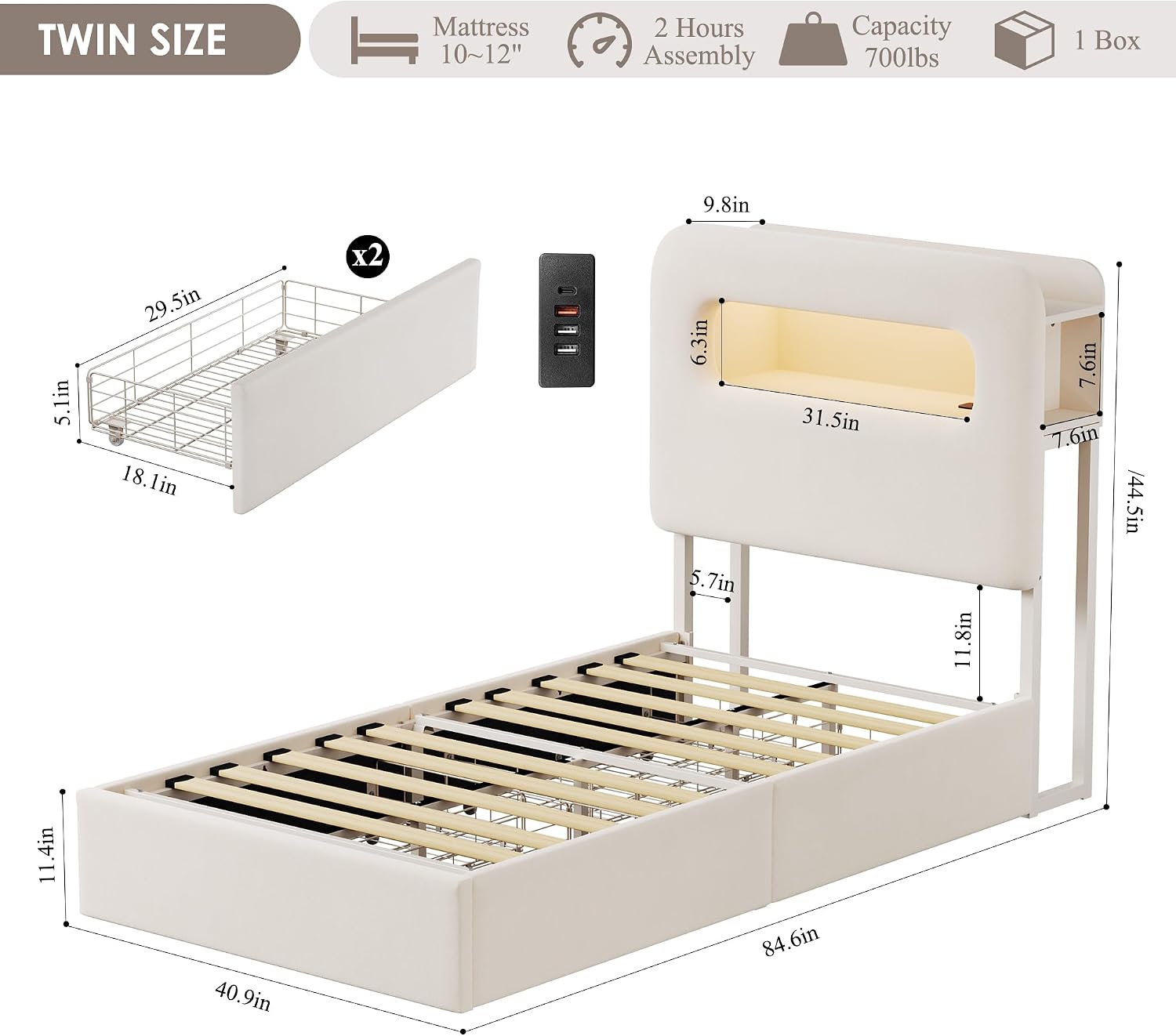 Diagram showing the dimensions of the Twin LED Bed Frame, including headboard storage, drawer dimensions, and overall bed frame measurements.