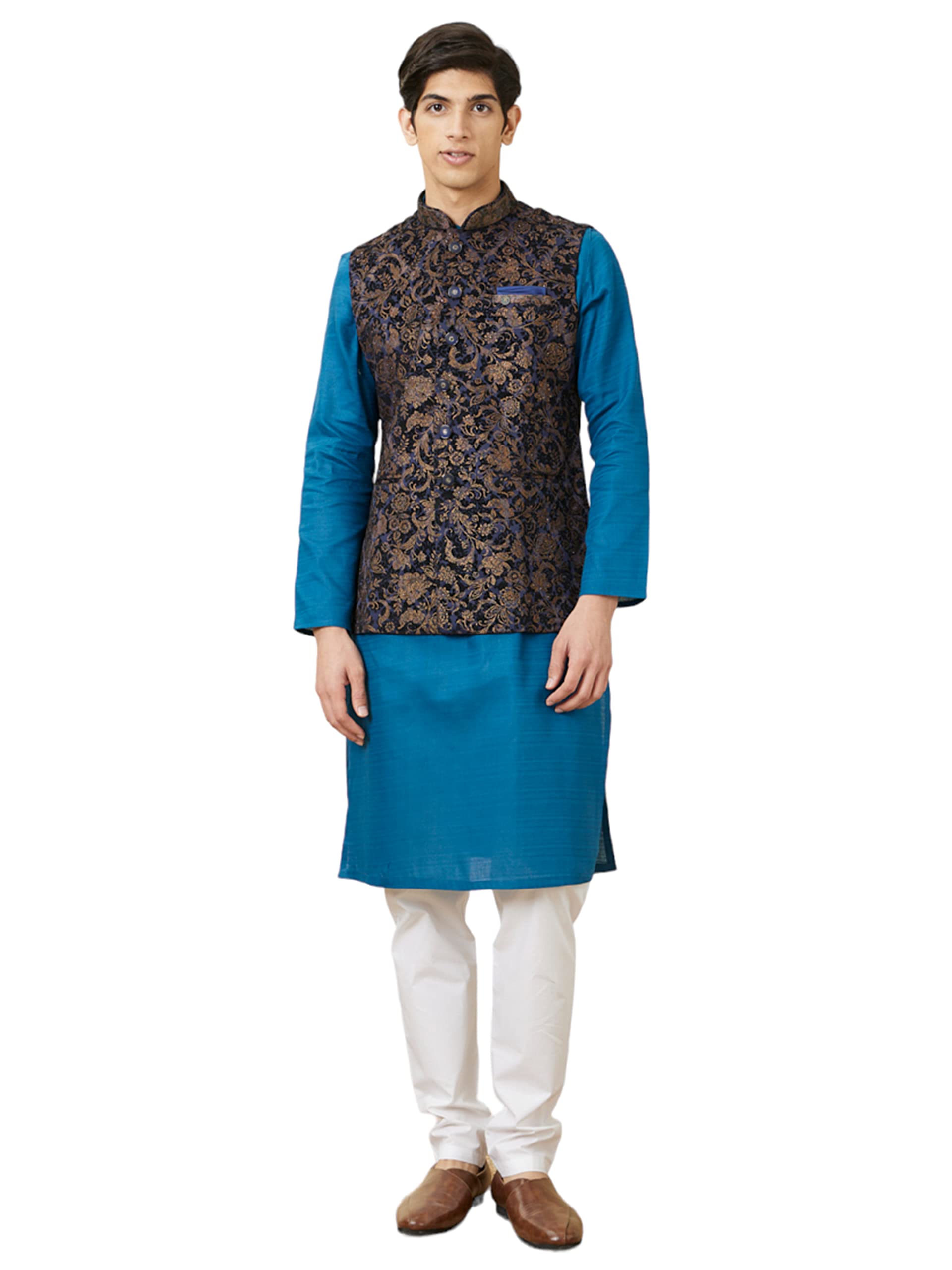 manyavar Men's Velvet Stone Embellished Floral Printed Jacket (1pc)-picture-31
