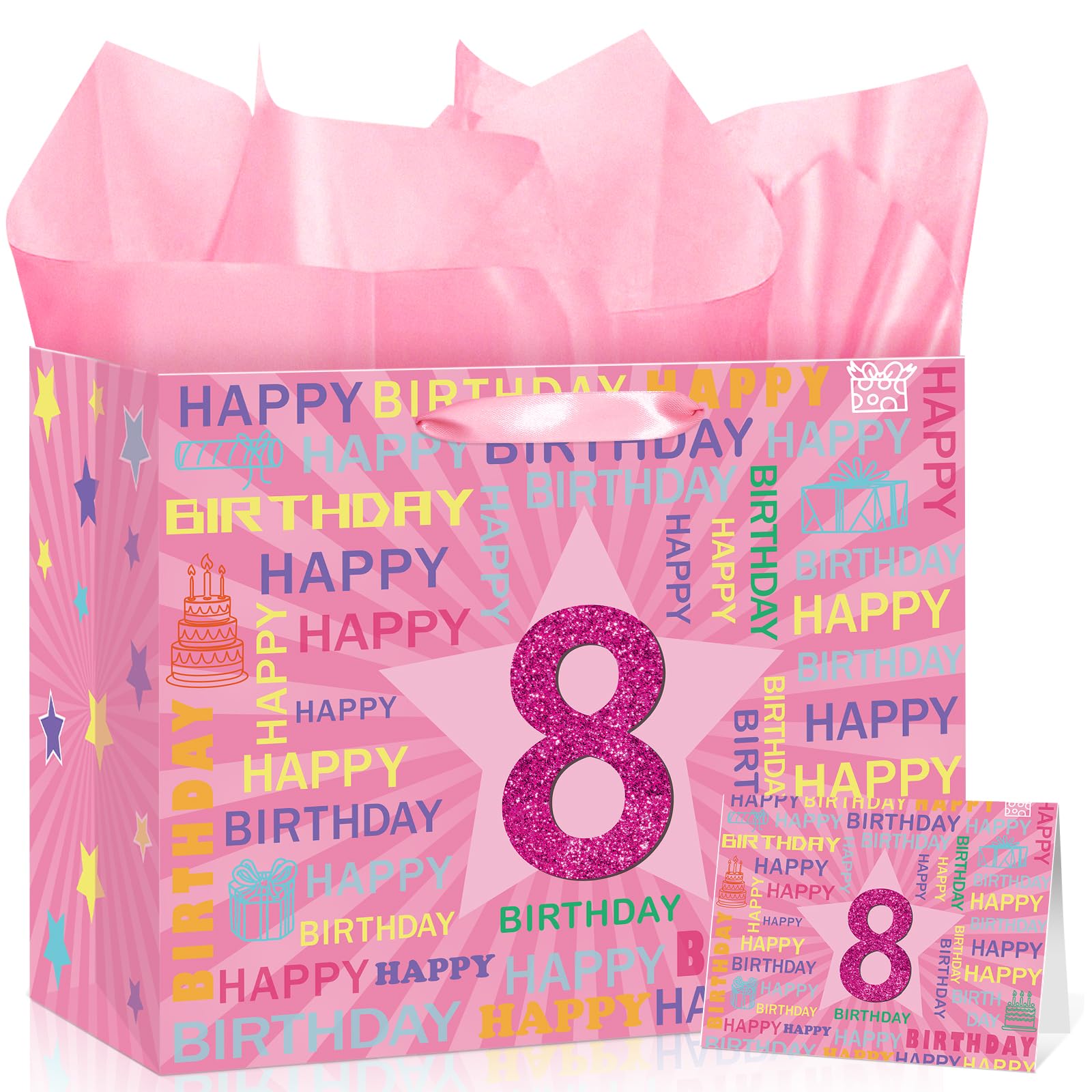 8th Birthday Gift Bag with Card & 3 Sheets Pink Tissue Paper, Glitter Pink Number 8 Star Present Bag for Girls, Large Luxury Happy Birthday Wrap for Daughter Granddaughter 8 Years Old