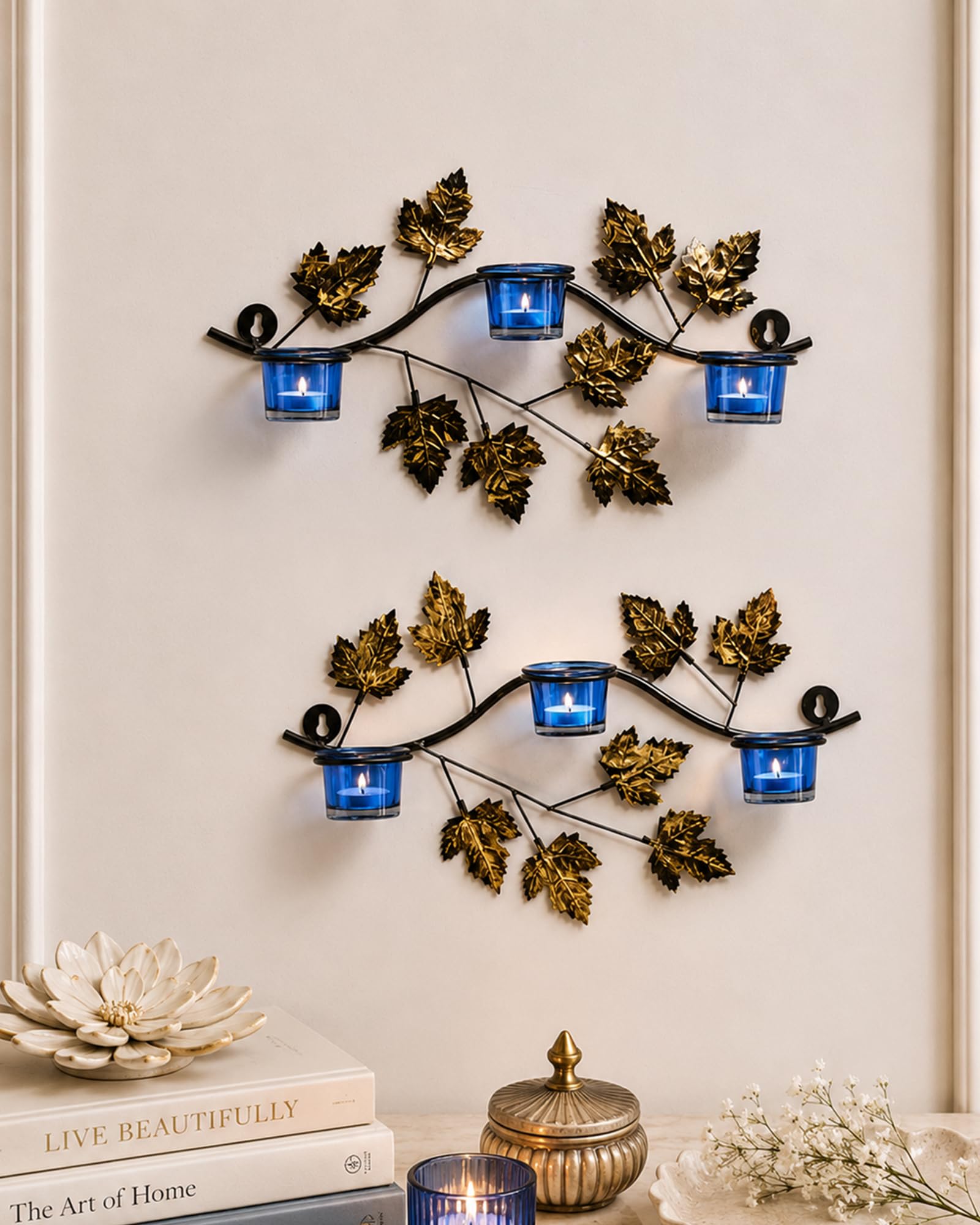 Homesake® Maple Leaf Wall Candle Holder with 6 Blue Glass Votive Cups & Free Tealight Candles | Metal Wall Sconce for Living Room, Bedroom, Diwali Decor & Home Decor 2