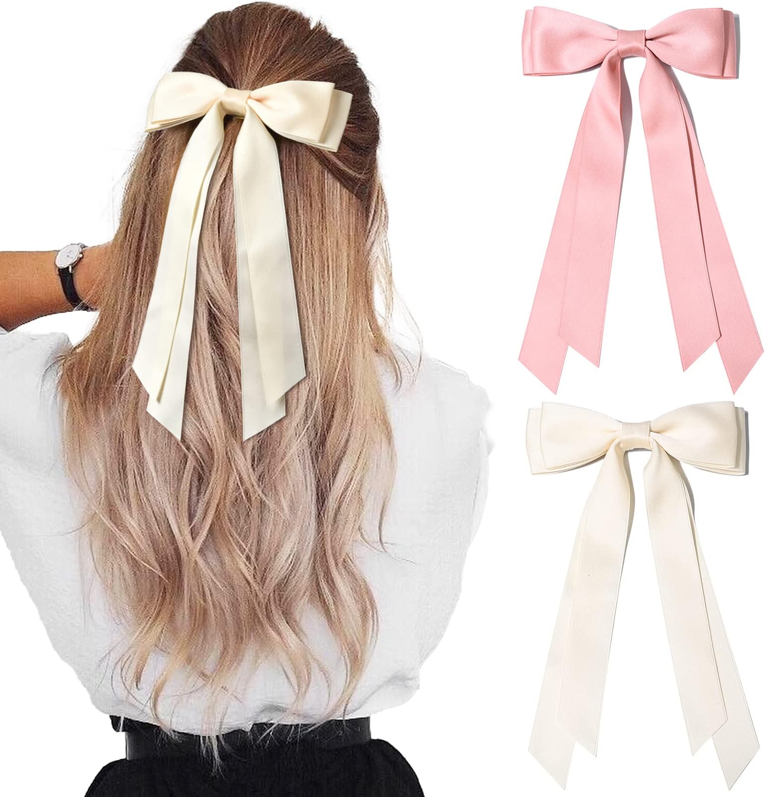 2PCS Silky Satin Hair Bows Hair Clip Beige Pink Hair Ribbon Ponytail Holder Accessories Slides Metal Clips Hair Bow for Women Girls Toddlers Teens Kids