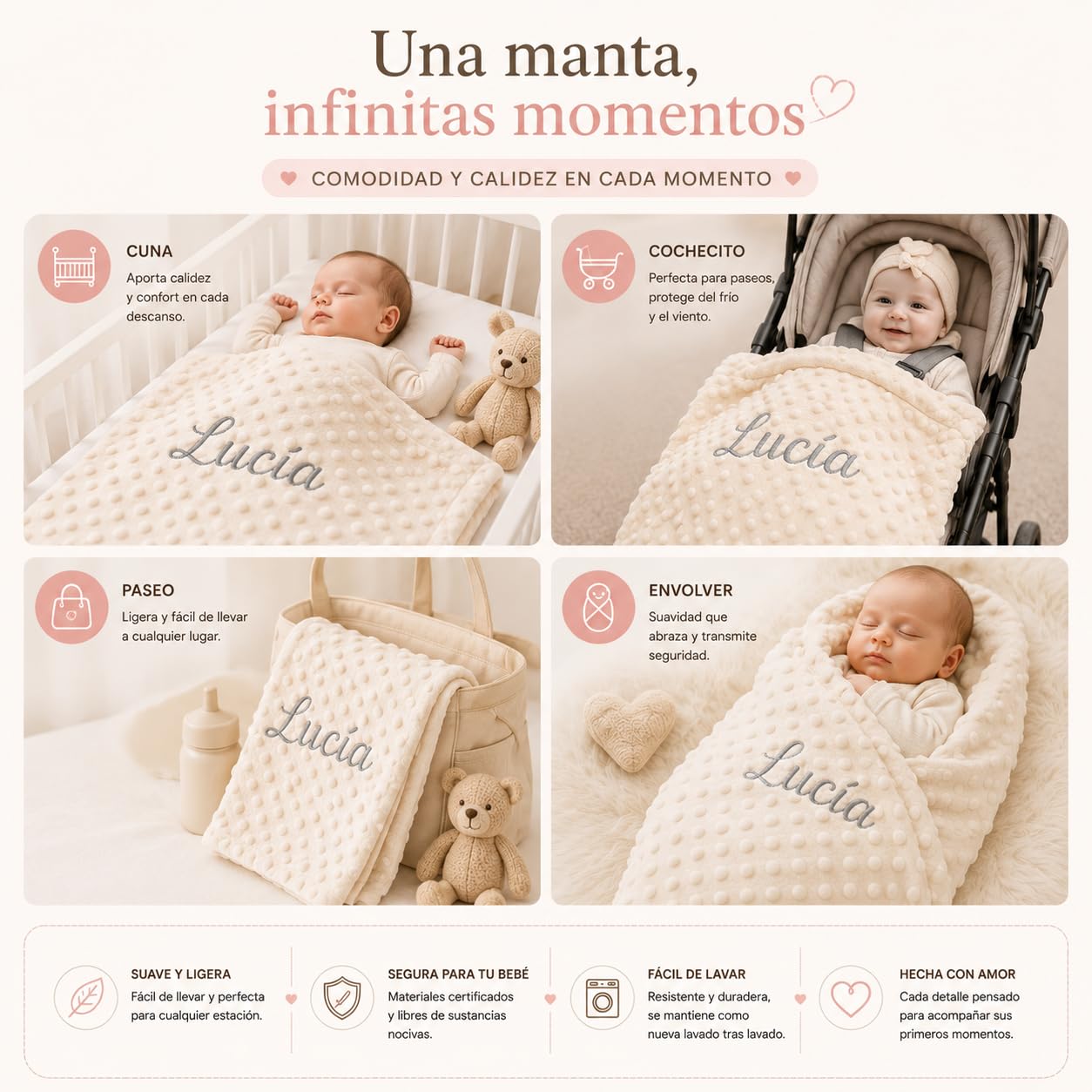 mibebestore Manta Bebe Personalizada Nombre Bordado Terciopelo Suave 80x110 para Cuna Cochecito Capazo Multiusos Facil Lavado Regalo Baby Shower Bautizo Recien Nacido Abrigo Fabricado en España