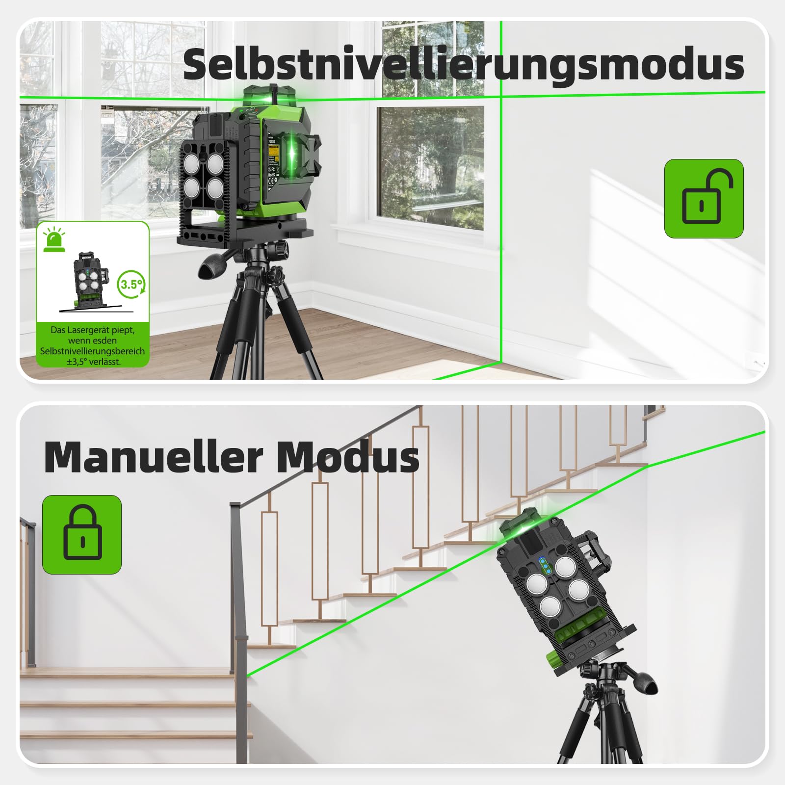 Huepar 3 x 360 Kreuzlinienlaser Selbstnivellierend, Laserwasserwaage grün 3D mit Pulsmodus, 12 laserliner mit wiederaufladbarem, integrierter Magnethalterung und Hartschalenkoffer 703CG