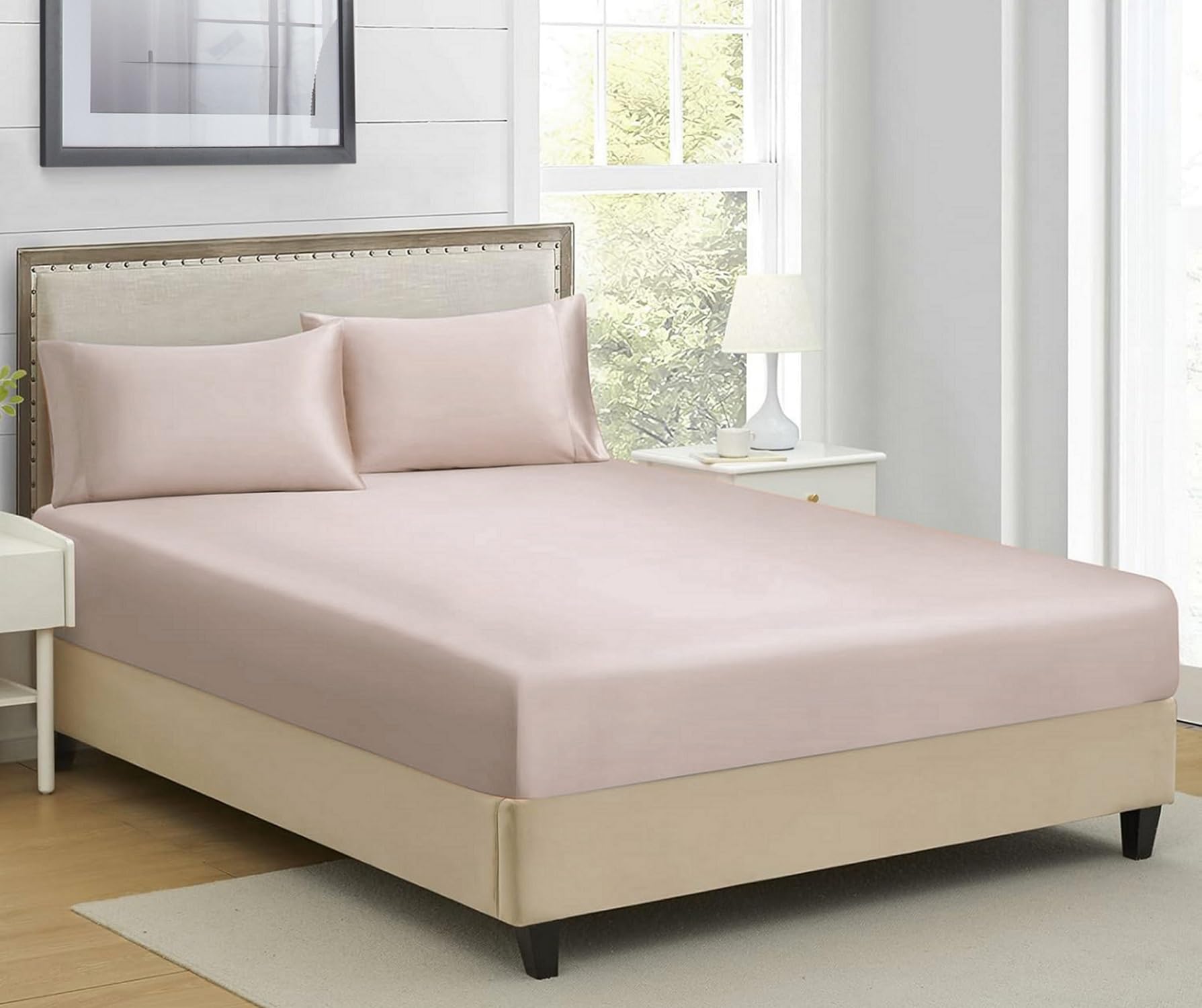 RD TREND Satin Fitted Solid Bedsheets Queen Size 78x60x10 Inch, Elastic Bedsheets for Queen Size Bed with 2 Pillow Covers-18x28 Inch(Lite Peach), 400 TC-image-30
