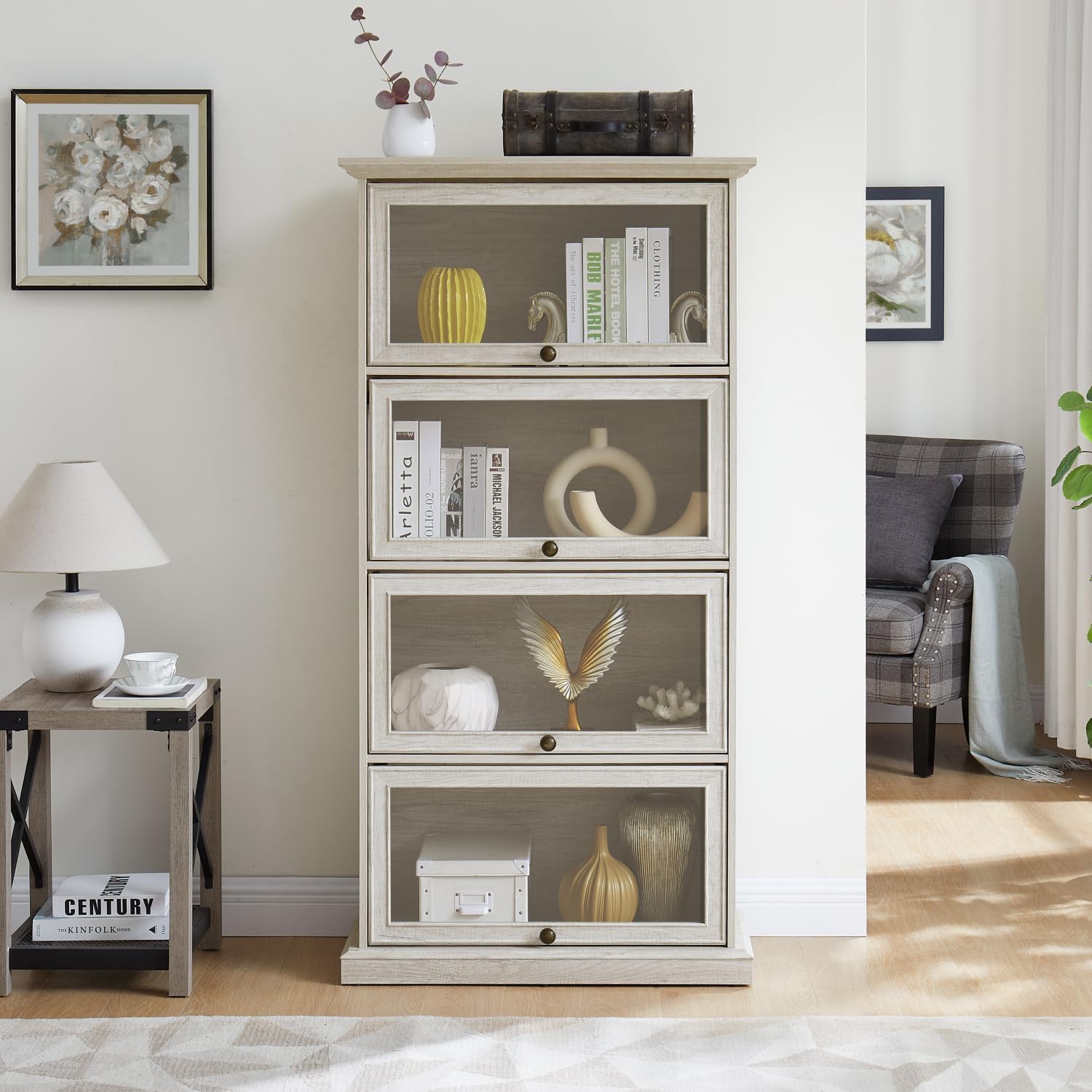 Glass Display Cabinet 4 Tier Glass Display Cabinet Storage Curio Cabinet with Flip Up Glass Doors, Collectors Showcase Toy Figure Organizers Rack, Bookcase for Living Room White