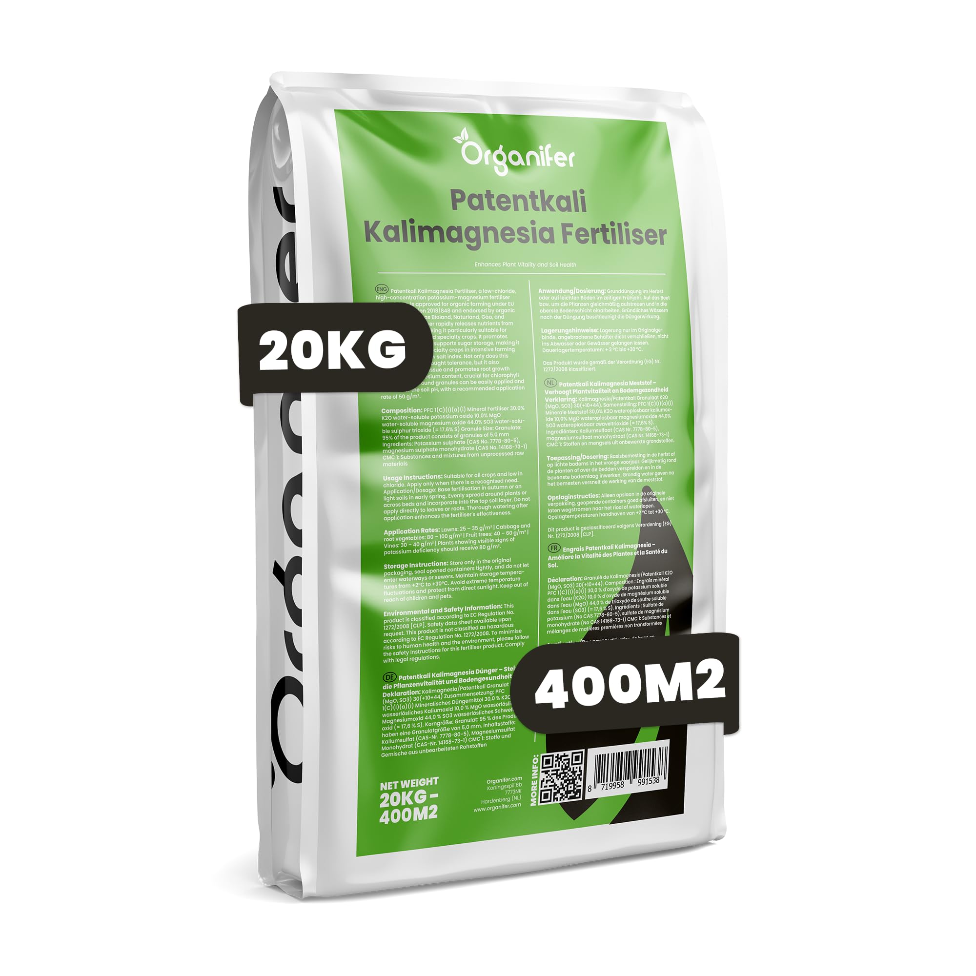 Engrais Potassique Et Magnésium Patentkali - 20 Kg Pour 400 M2-30% K₂O + 10% Mgo + 44% So₃ - Pour Cultures Sensibles - Pommes De Terre, Fruits, Légumes Et Plantes Ornementales - Organifer