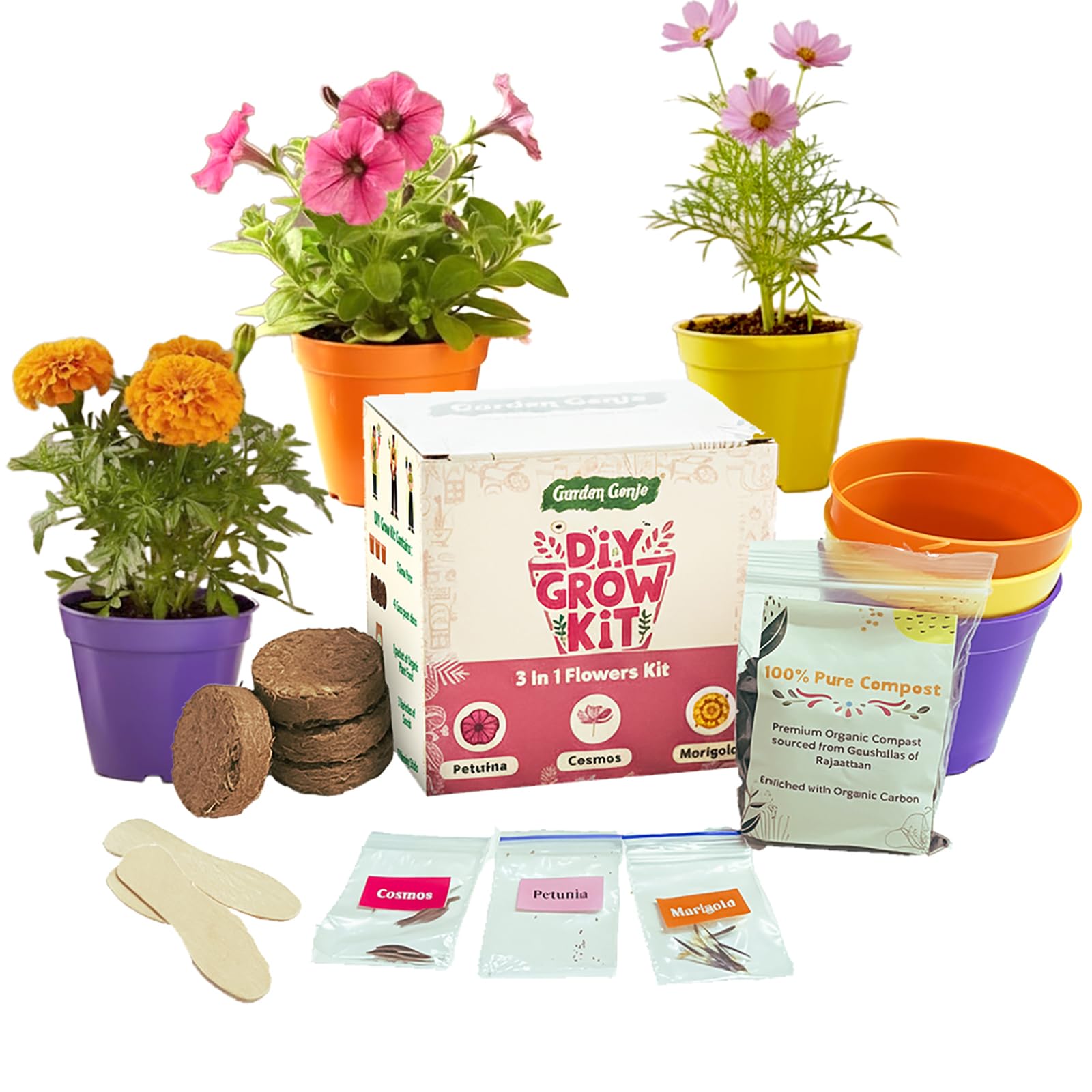 Garden Genie DIY Gardening Grow Kit | 3 Verities of Flower Seeds: Petunia, Cosmos & Marigold | Contains Planter Pots, Cocopeat, Compost for Home, Kitchen & Birthday Return Gifts for Kids