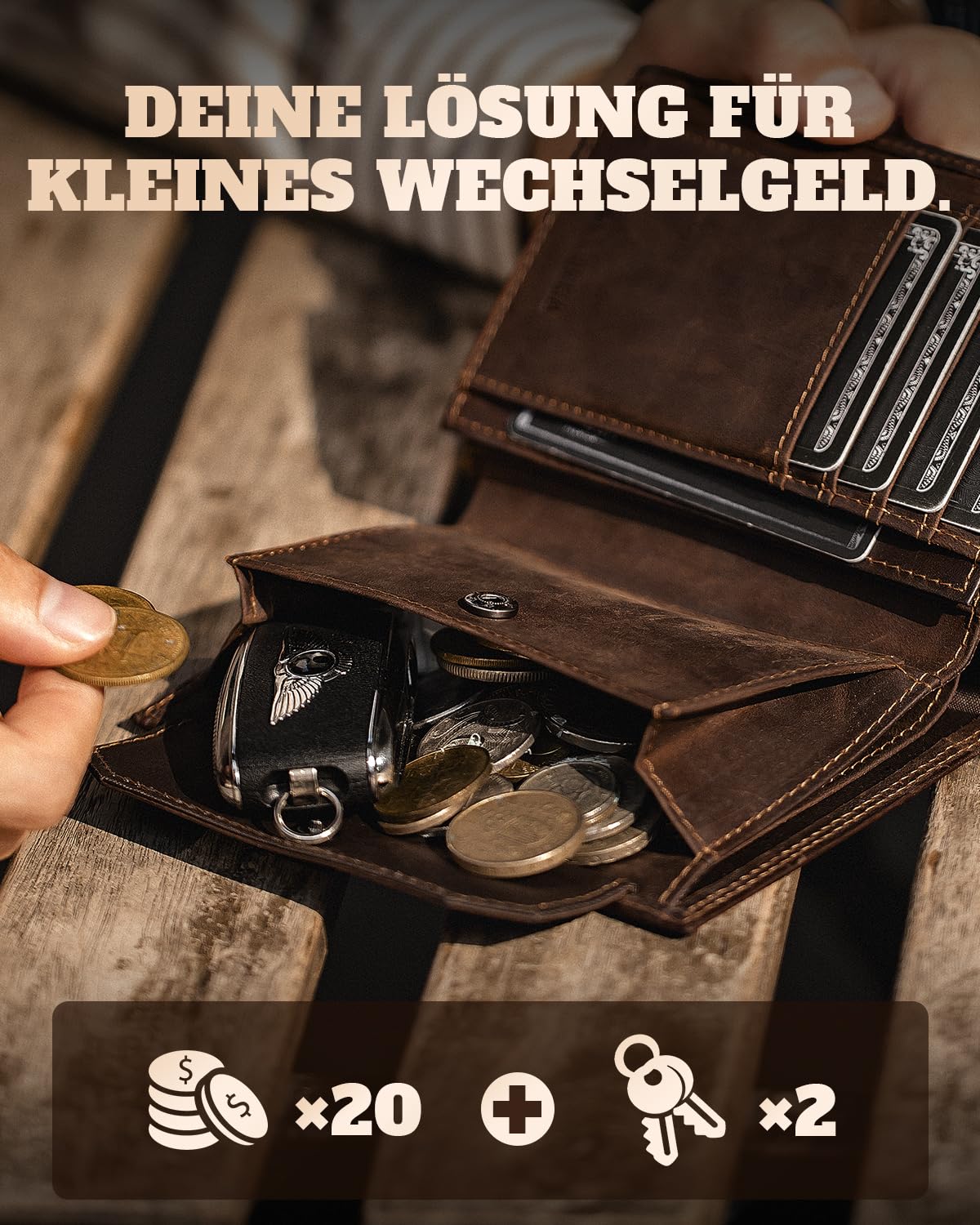DODENSHA Portmonee Herren mit Airtag Fach und RFID Schutz | Geldbörse Herren aus 100% Echtleder mit XL Münzfach für 20 Münzen | Smart Wallet für 13 Karten in Geschenkbox (Dunkelbraun)