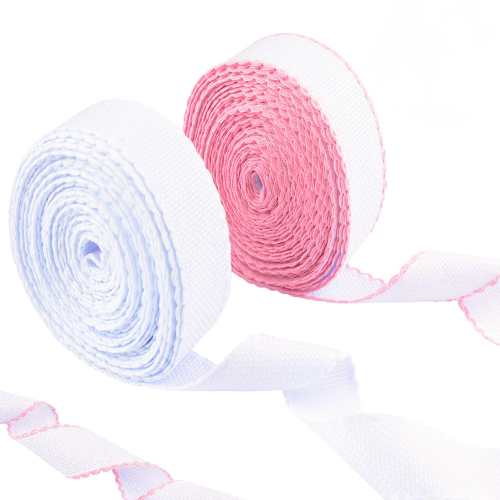 Rotolo di tessuto per punto croce, 2 rotoli da 18,4 m, bianco e rosa, bordo Aida per ricamo, cucito, segnalibri, fai da te e lavori a maglia