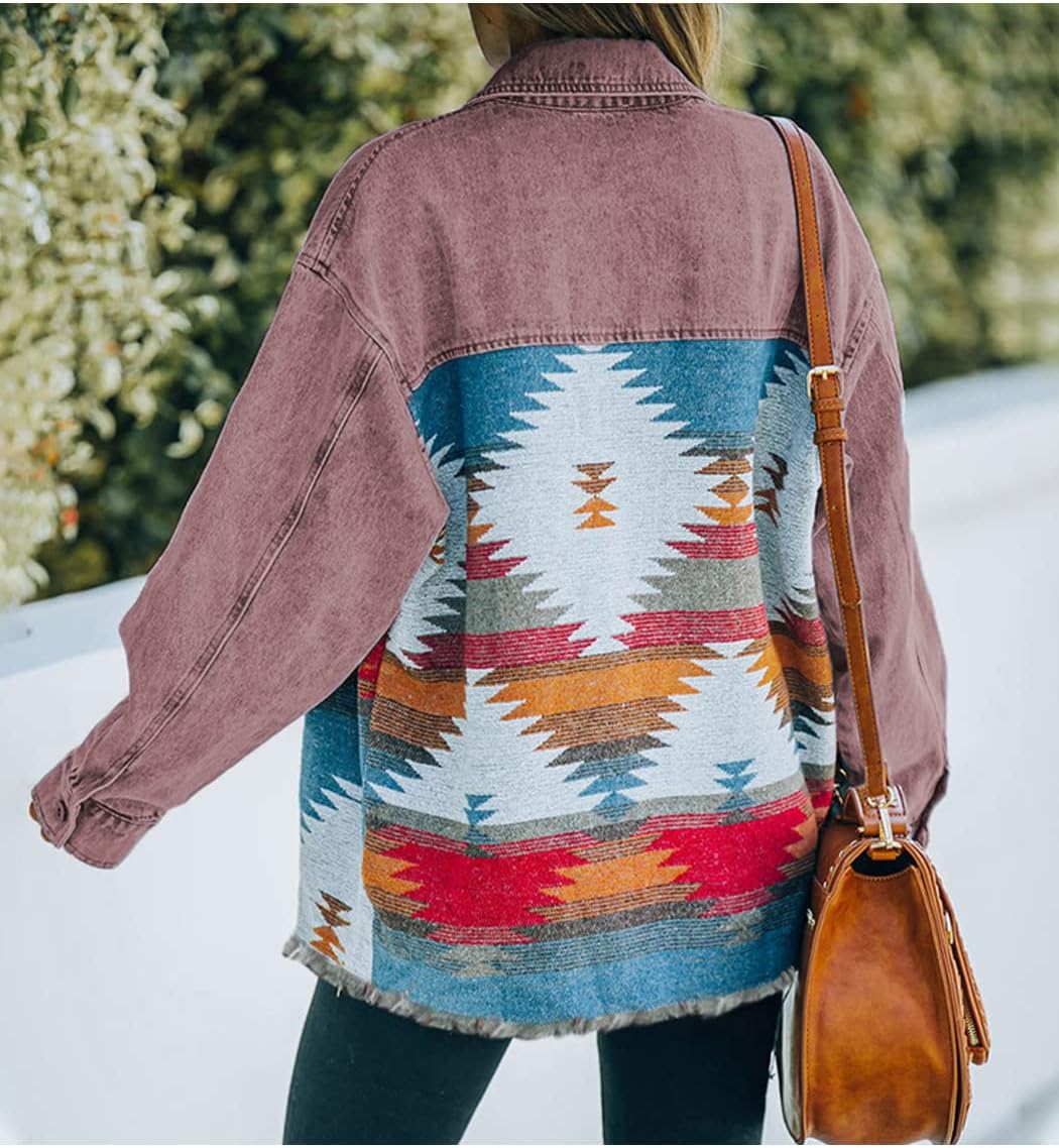 Haellun Women's Aztec Shacket Distressed Lapel Long Sleeve Button Down Jean Denim Jacket Coat - Image 2