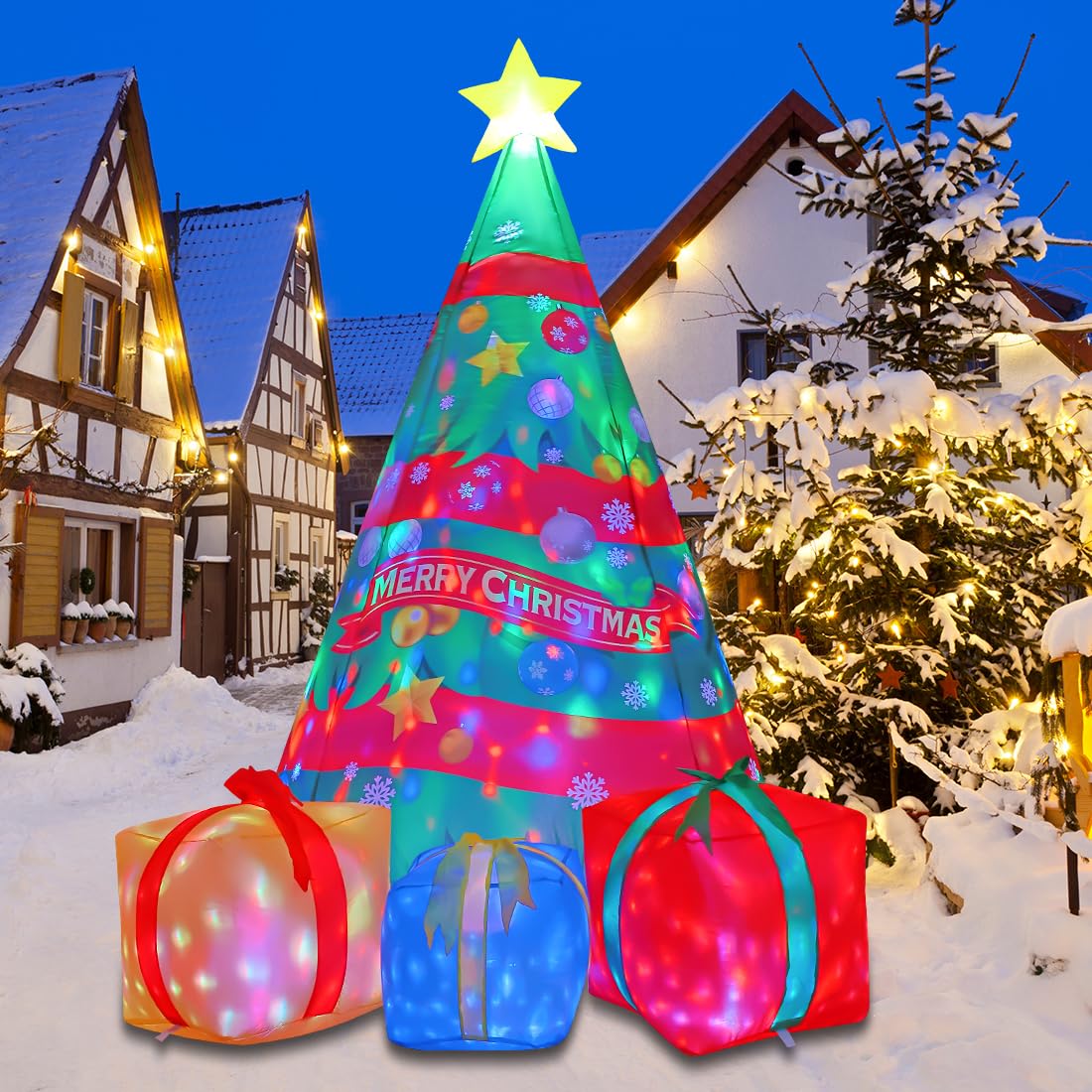 Comin Bonhomme de Neige Gonflable de Noël avec Une boîte, décoration de Cour Gonflable avec lumières LED intégrées pour Les Vacances, Les fêtes, Noël, la Cour, Le Jardin