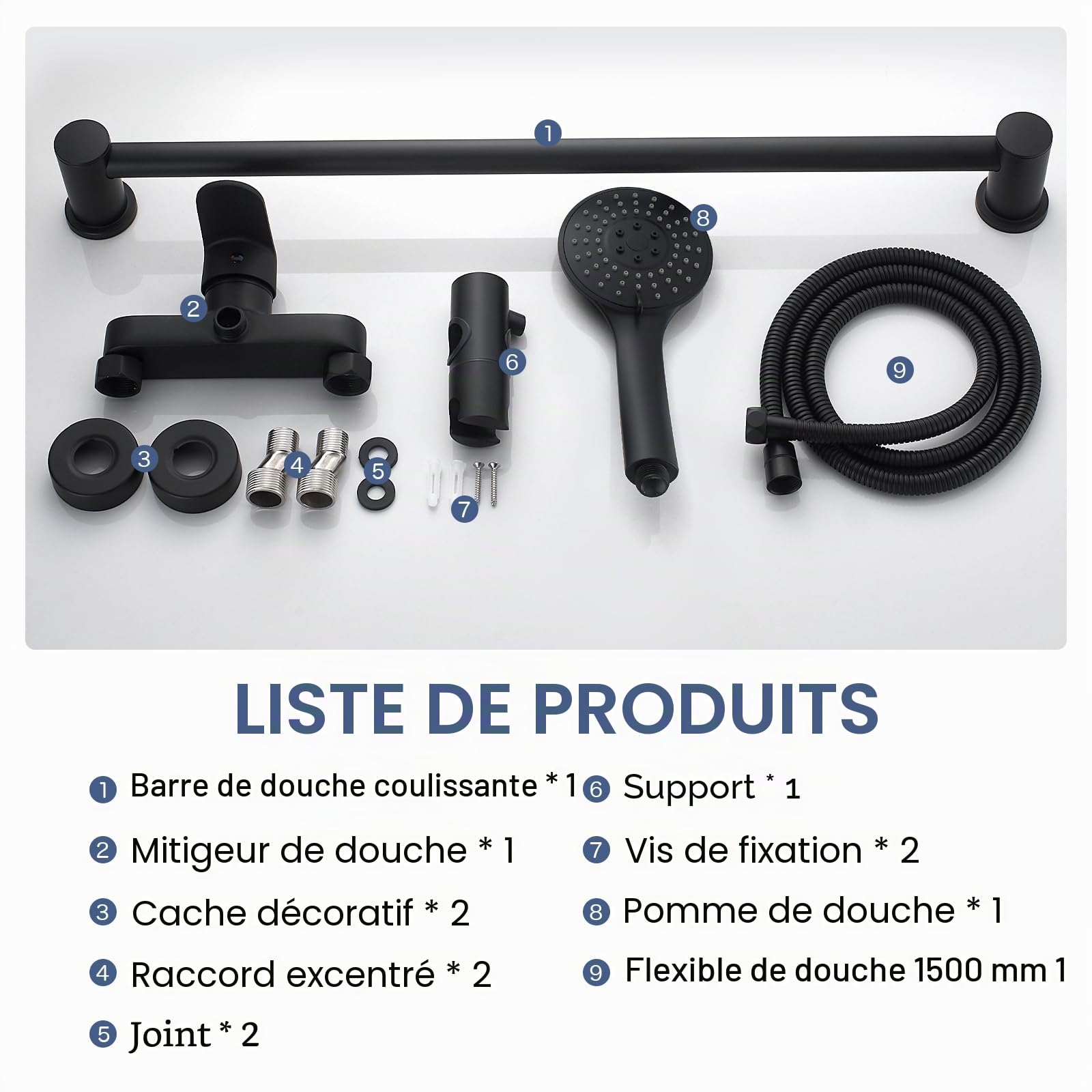 Mitigeur Monocommande Douche Noir, Robinet Mitigeur de Douche Mural avec Barre de Douche RéGlable 635mm, Douchette à Main, Flexible 150mm