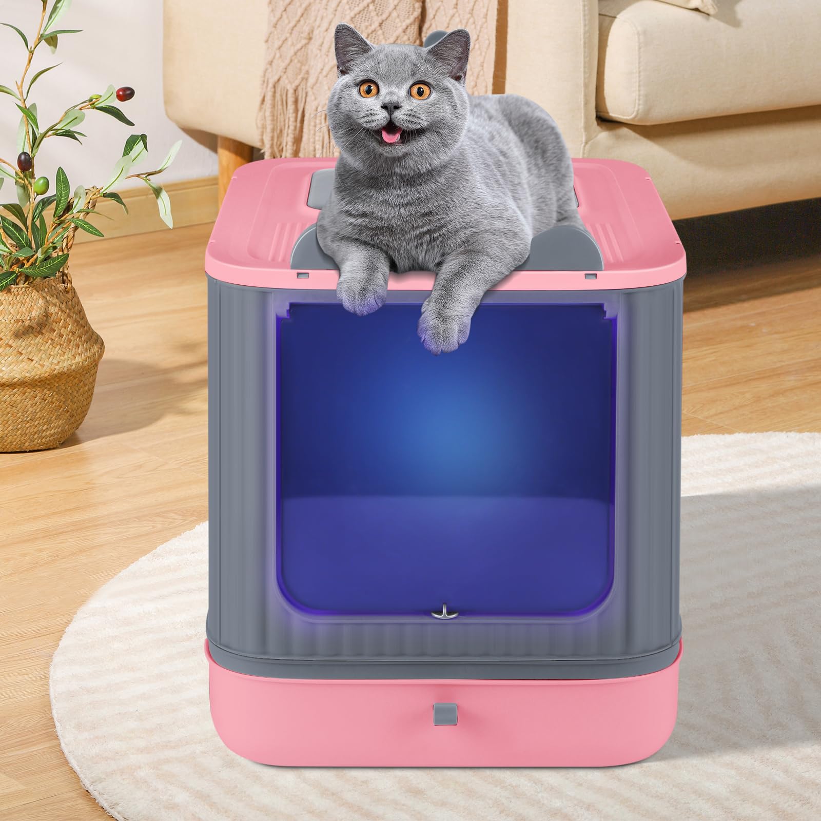 Bac à litière pour chat avec pelle, bac auto-nettoyant, désinfection UV, bac anti-fuite, fond anti-fuite (rose + gris)