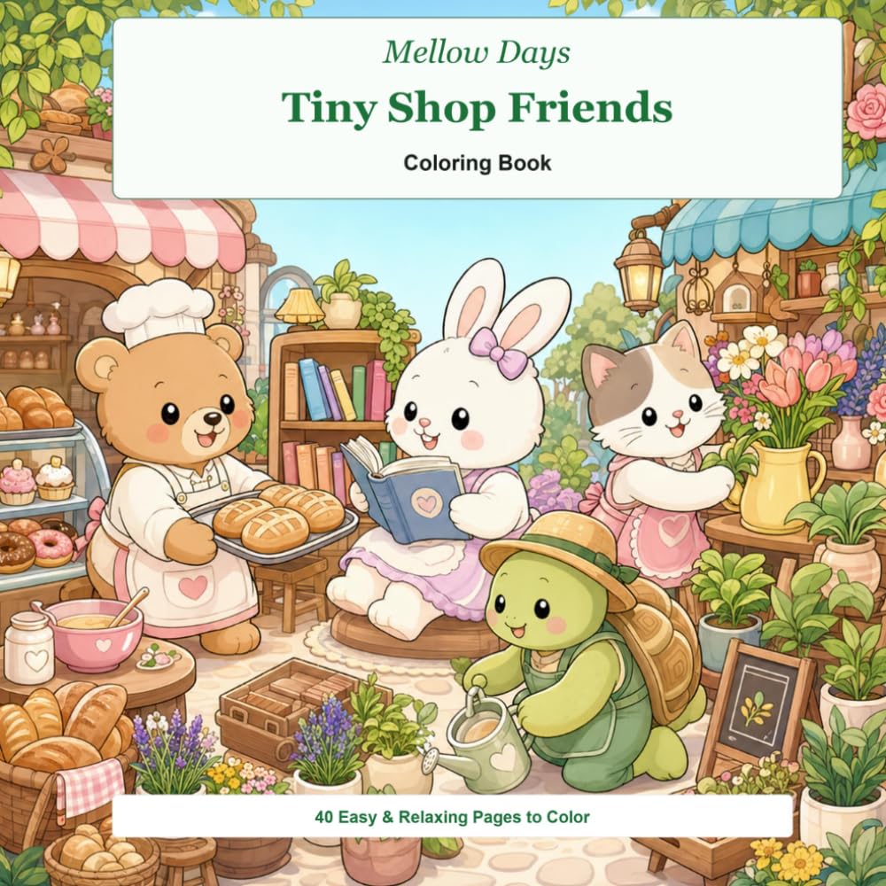 Mellow Days: Tiny Shop Friends Coloring Book: Cute Animal Shopkeepers in Tiny Stores with 40 Easy and Relaxing Pages to Color