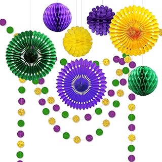 9pcs Gold Purple and Green Decorations for Party Centerpiece Glitter Circle Garlands Banner Paper Fan Pom Poms for Fat Tuesday/Mardi Gras Theme Celebration/Baby Shower/Birthday/Easter Party Supplies