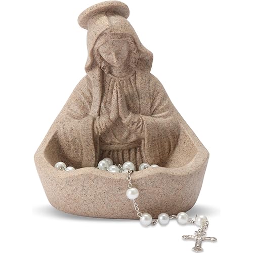 Virgin Mary Statue, Catholic Gifts for Women, Virgin Mary Keepsake Rosary Holder, 5.5" Blessed Mother Statues, Catholic Decor (Sandstone)