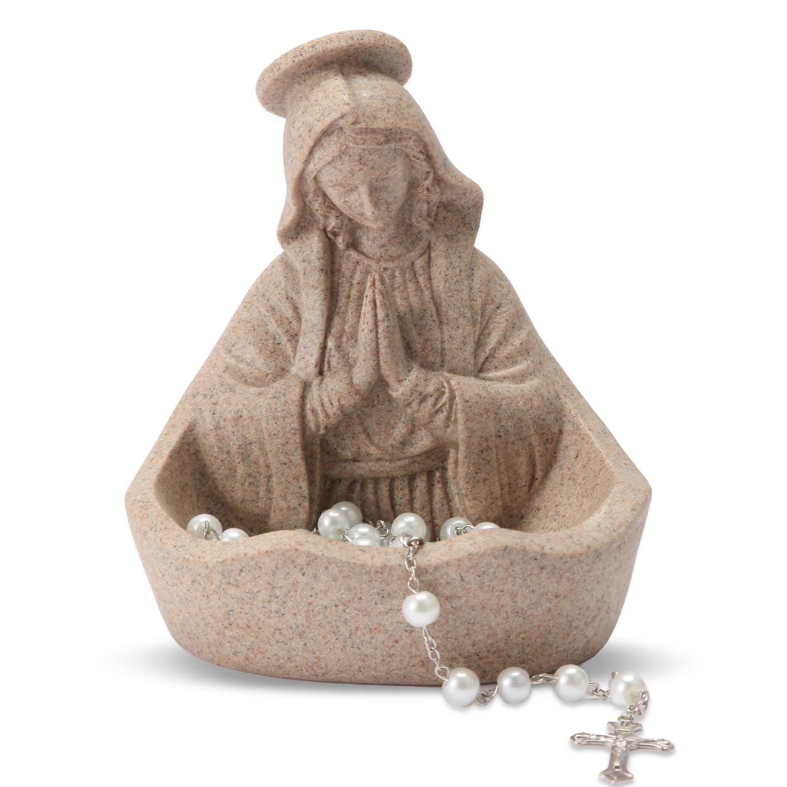 Virgin Mary Statue, Catholic Gifts for Women, Virgin Mary Keepsake Rosary Holder, 5.5" Blessed Mother Statues, Catholic Decor (Sandstone)