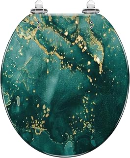 Round Toilet Seat Alcohol Ink Texture Azure Navy blue Green Gold Stains Aquamarine Ink Resin Toilet Seat Slow Quiet Close with Quick-Release Hinges Toilet Seat with Cover Easy to Clean Install