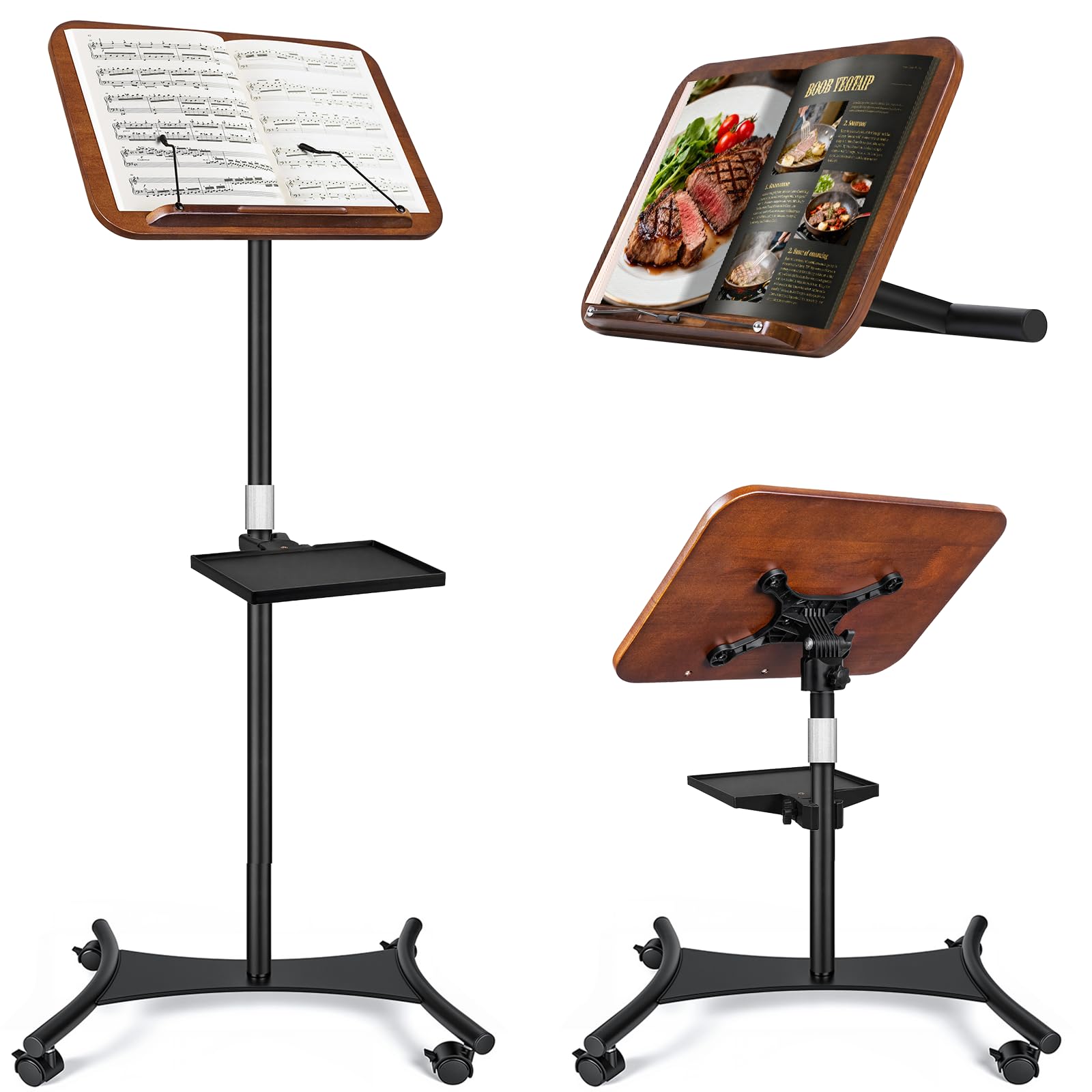 2 in 1 Dual-use Music Stand &amp; Desktop Book Stand, Adjustable Height 16.5"-51", 100% Solid Wood Laptop Floor Stand Book Holder with Elastic Page Clips for Cookbooks (Black Walnut with Tray and Wheels)