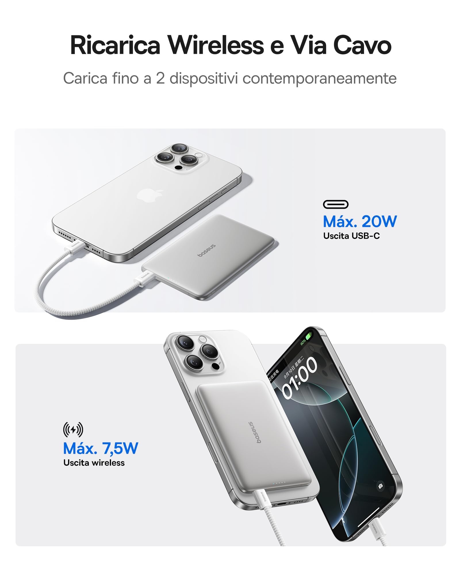 Baseus Picogo AM41 Power Bank, Ultra Slim 5000mAh Magsafe Powerbank, Ricarica Rapida PD 20W, Portatile, Magnetico Batteria Esterna Wireless con cavo USB C per iPhone 17/16/15/14/13/12, Titanio