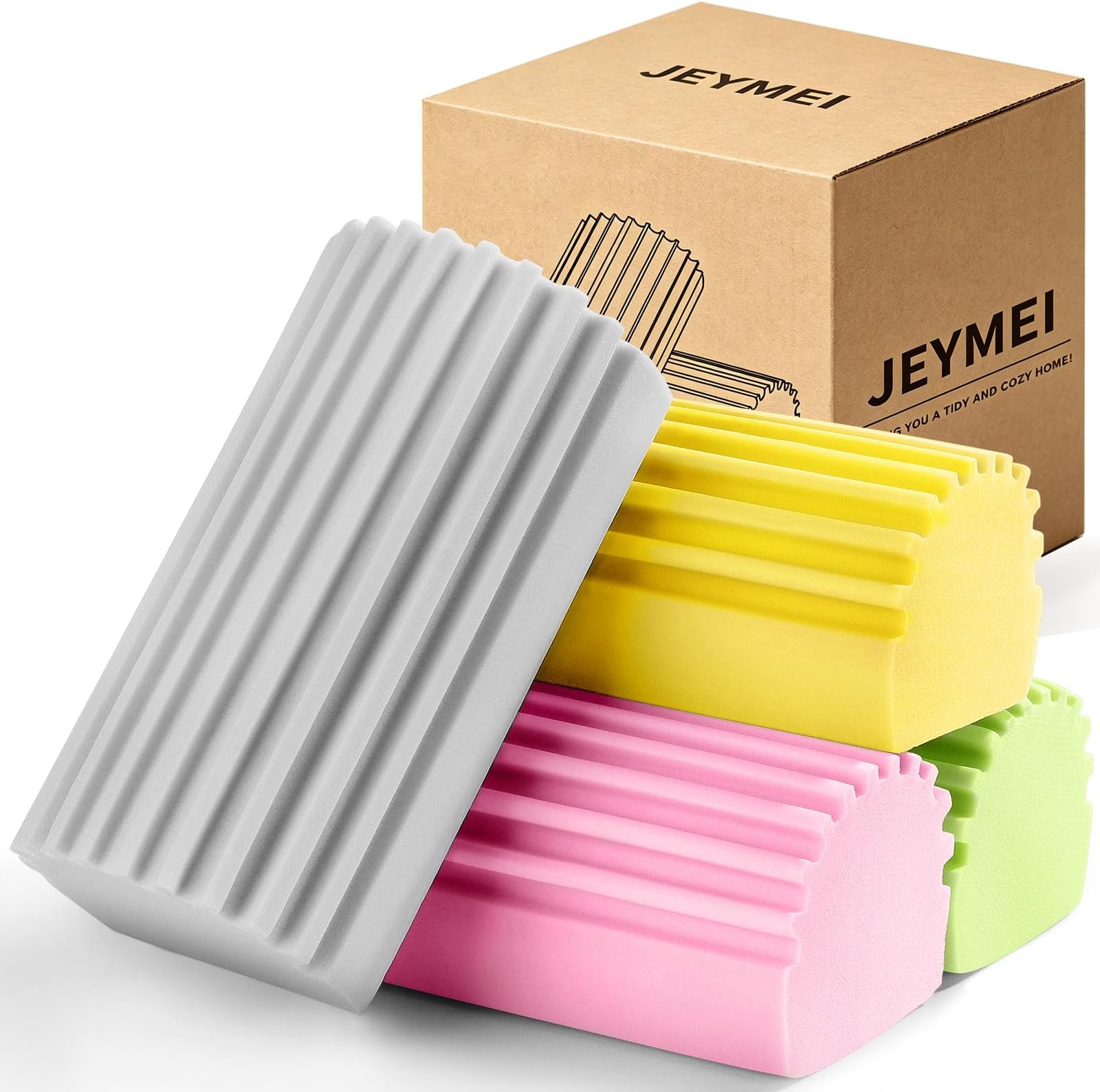 Jeymei 4-Pack Damp Clean Duster Sponge,Reusable Magic Dusting Sponge Brush for Cleaning Blinds, Glass, Baseboards,Vents,Railings,Mirrors,Window Track Grooves and Faucets (Grey,Yellow,Pink,Green)