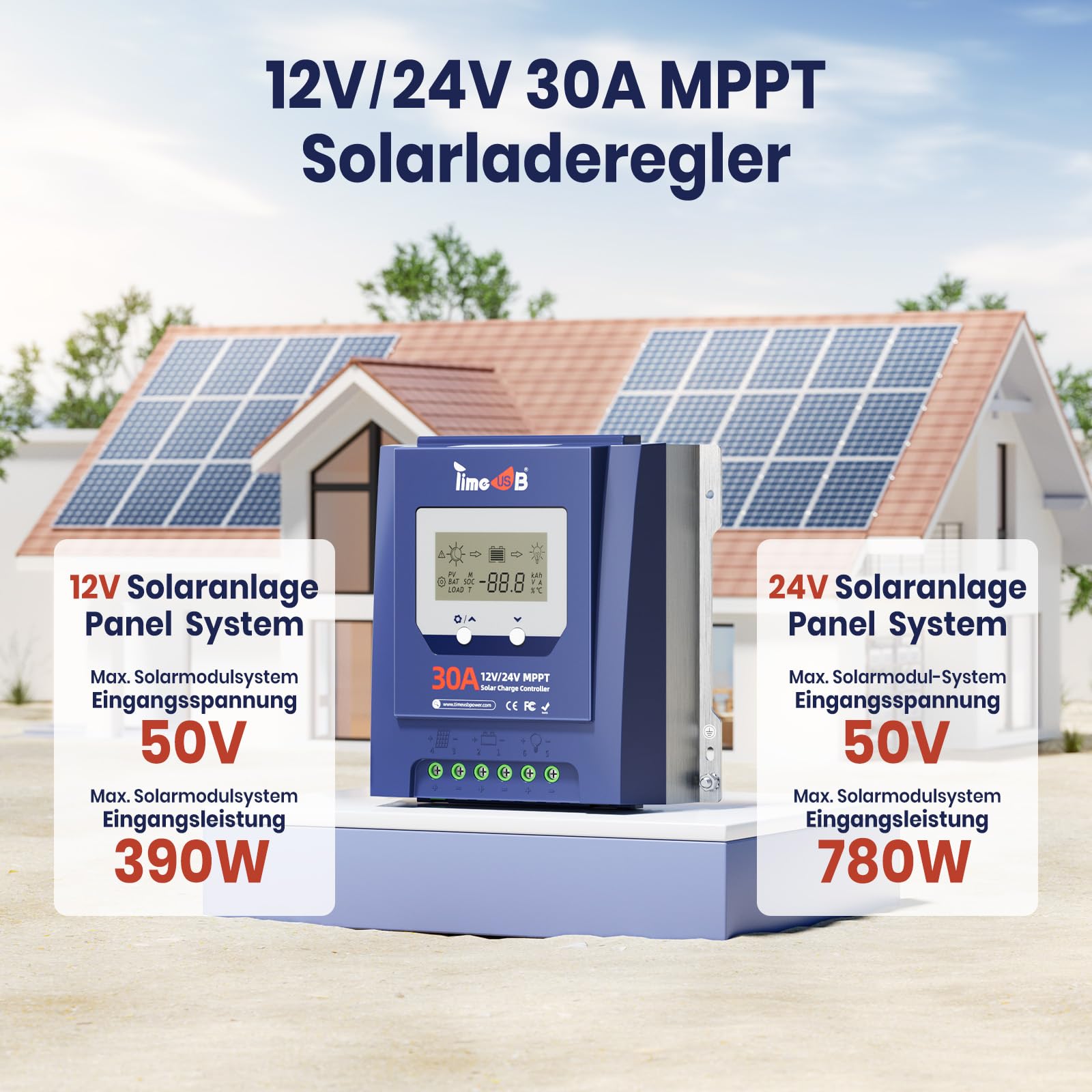 Timeusb 12V/24V 30A MPPT Solarladeregler für Lithium Blei-Säure Batterien | Max. 50V PV-Eingang,Automatische Erkennung & 99% Effizienz,Intelligenter Solar Regler mit LCD-Bildschirm für Wohnmobil