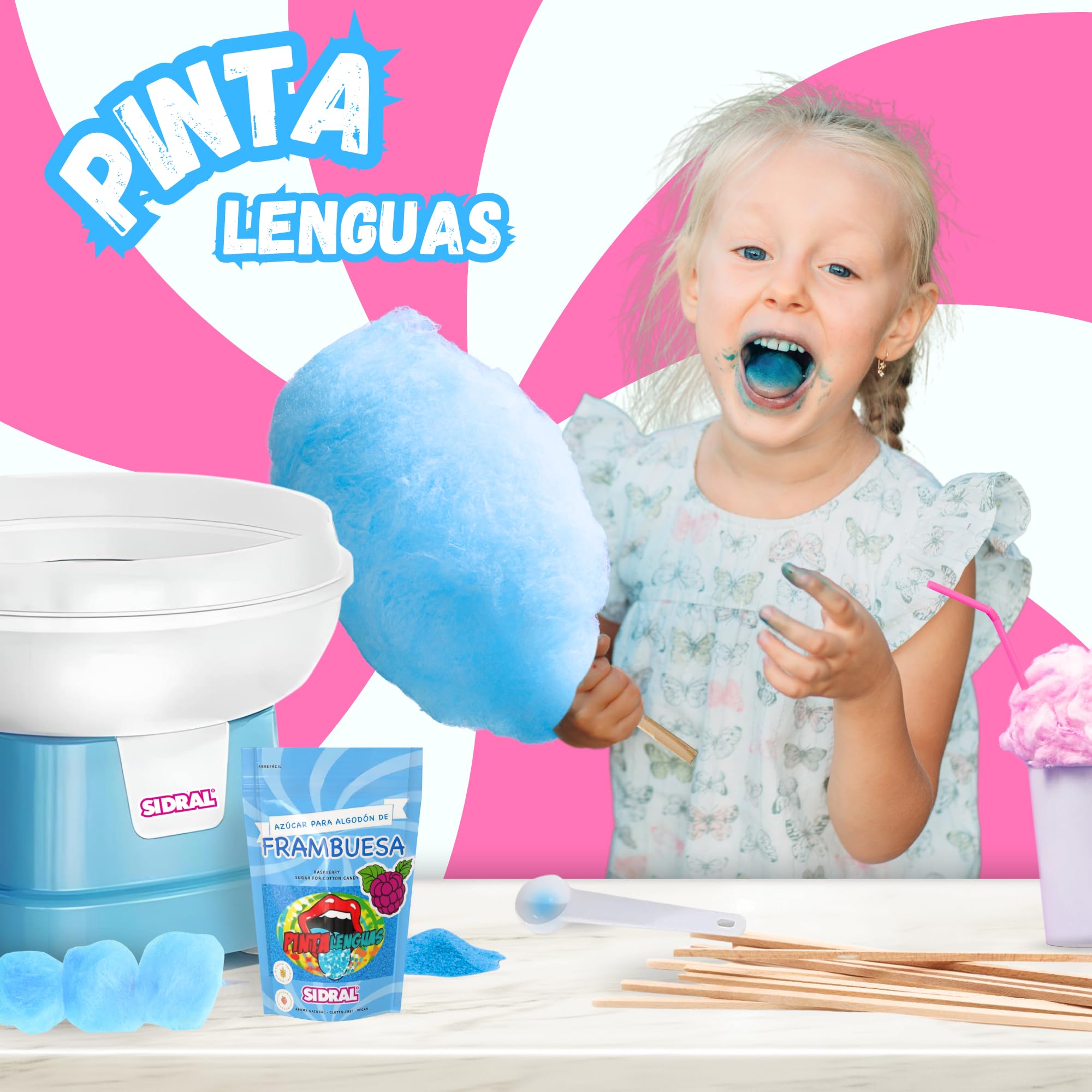 SIDRAL Azucar para Máquina Algodón (2x 250 gr) con 25 Palitos Reciclables para Degustación - Lote de 2 Sabores (Fresa, Frambuesa), Azúcar para Algodón de Azúcar PINTALENGUAS - Ideal para Fiestas