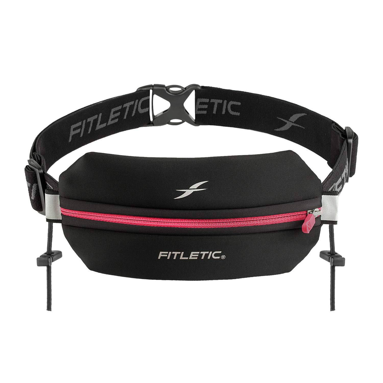 Fitletic Neo Race Belt, Black & Pink | Unique No Bounce Design for Marathon, Triathlon, Trail, 5k, 10k | Womens Running Belt | N01R-08