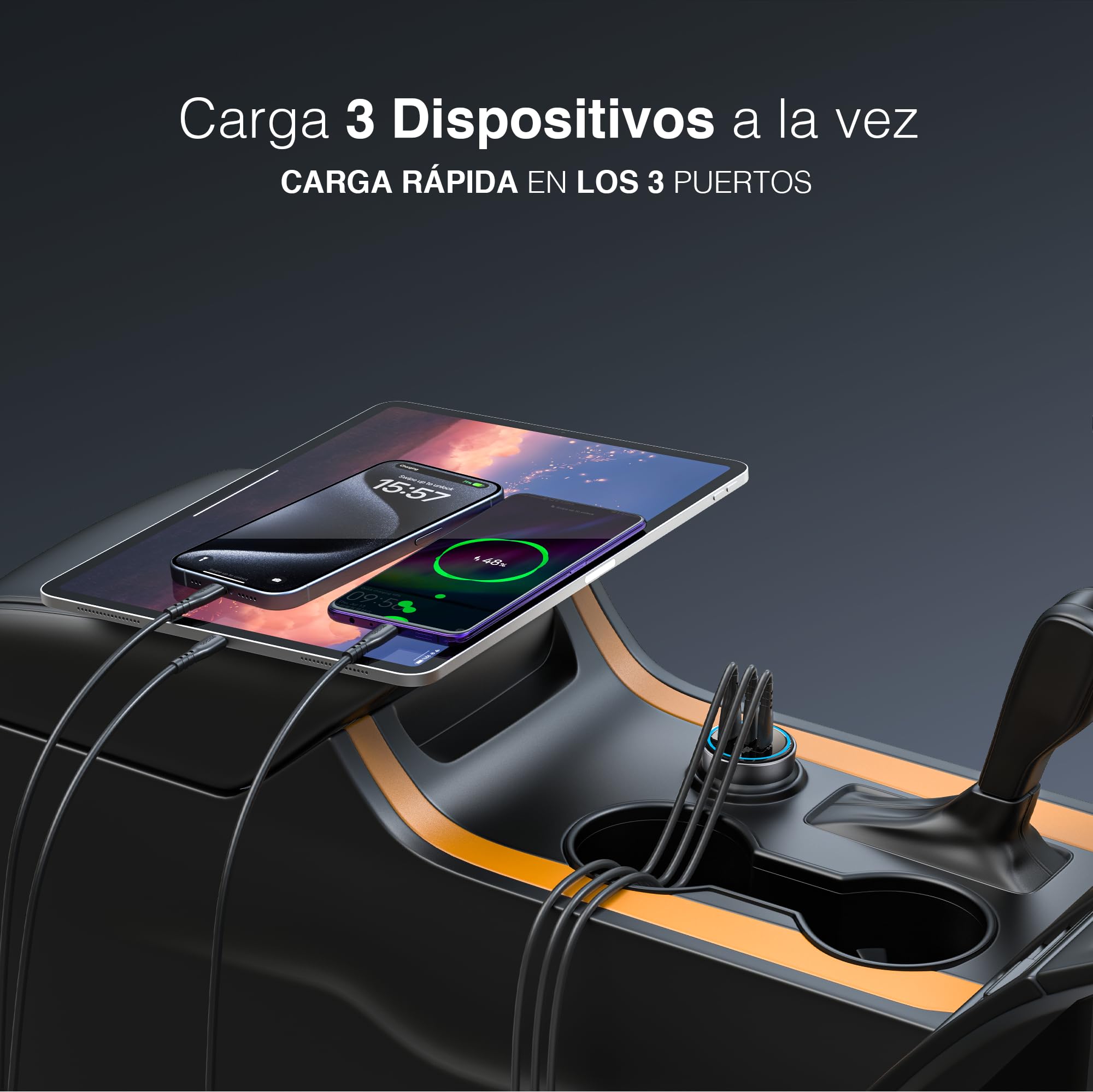 PORTENTUM Triple Cargador Coche Carga Rapida 200W – Incluye Cable de 100W USB-C – 2X USBC PD 100W + USBA QC 18W – Accesorio Mechero – para Macbook Portátil iPhone iPad Tablet Smarphone Galaxy