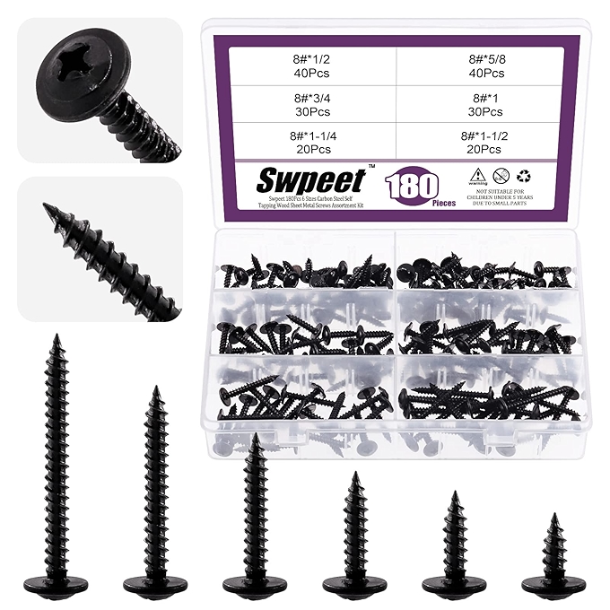 Swpeet 180件黑磷酸钢自攻木螺钉组合套件