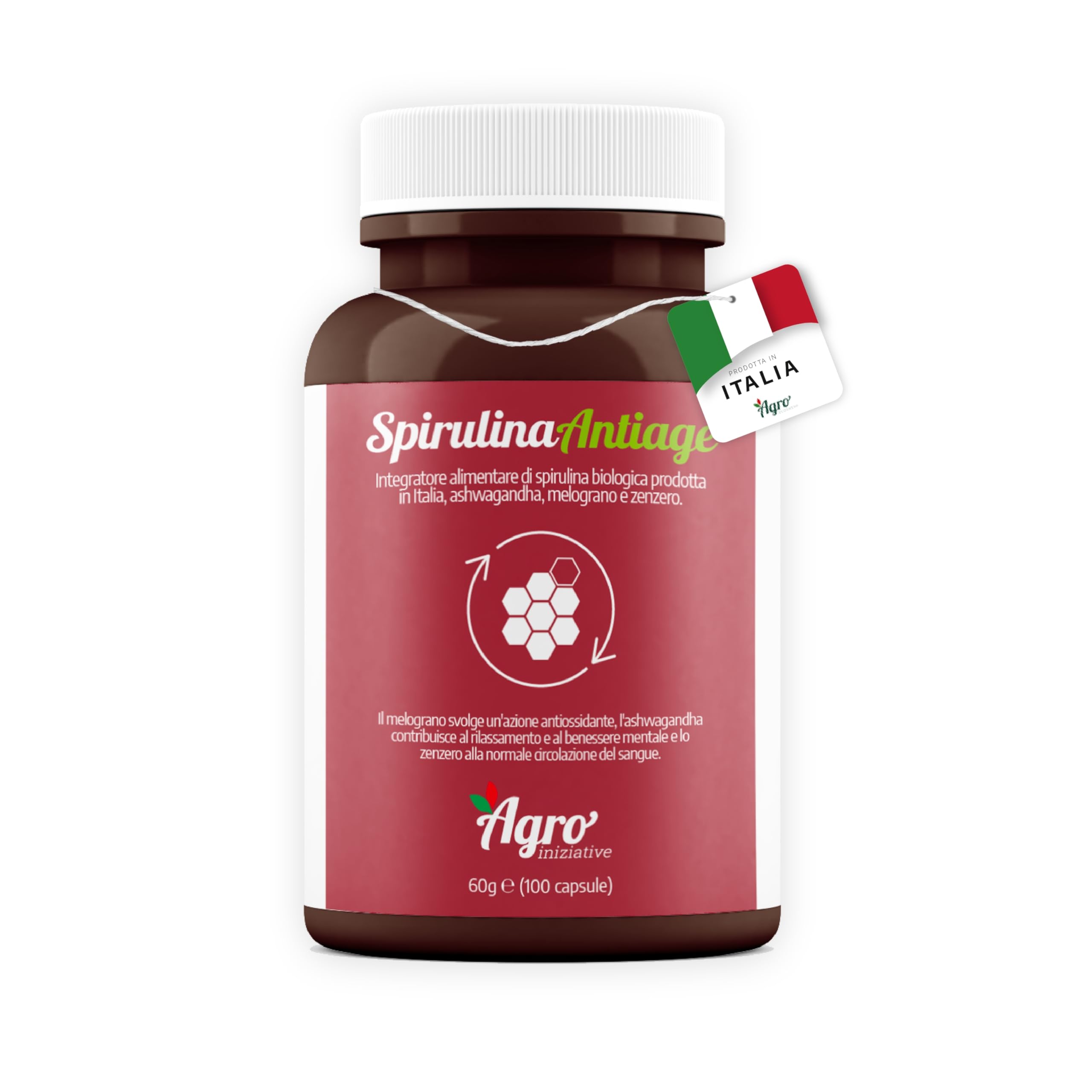 AGROINIZIATIVE SPIRULINA ANTIAGE 100 Cps 60 G Alga Spirulina Bio Senza Glutine Senza Iodio Combatte Radicali Liberi e Ossidazione Con Ashwagandha Zenzero Ficocianina Resveratrolo PRODOTTA IN ITALIA