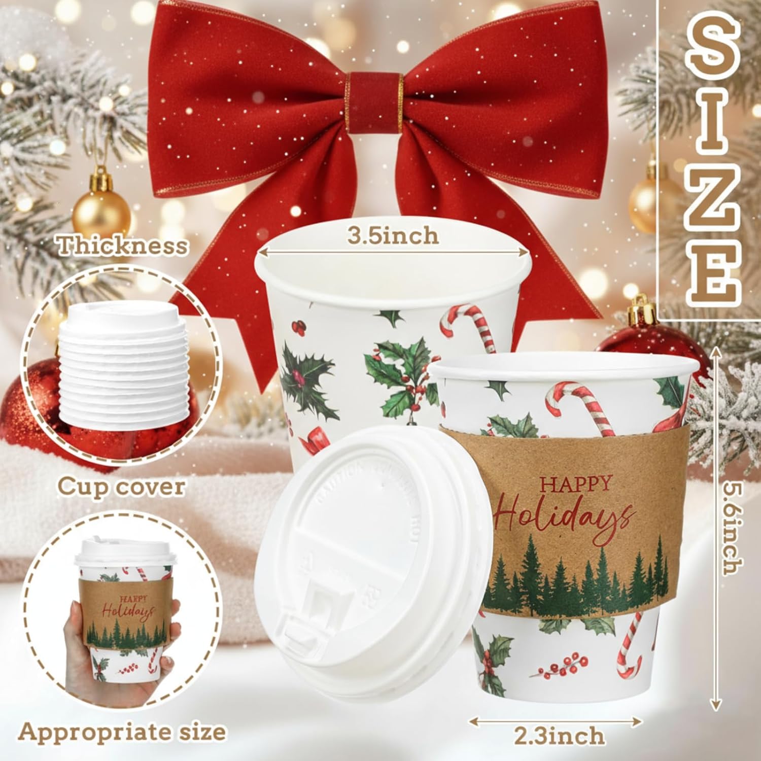 Gueevin 72 Set/ 216 Pcs Christmas Paper Cups Disposable 12 oz Christmas Coffee Cups with Lids and Sleeves Xmas Winter Party Supplies for Hot Chocolate Cocoa Cold Drinks Water Supplies (Bow Style)