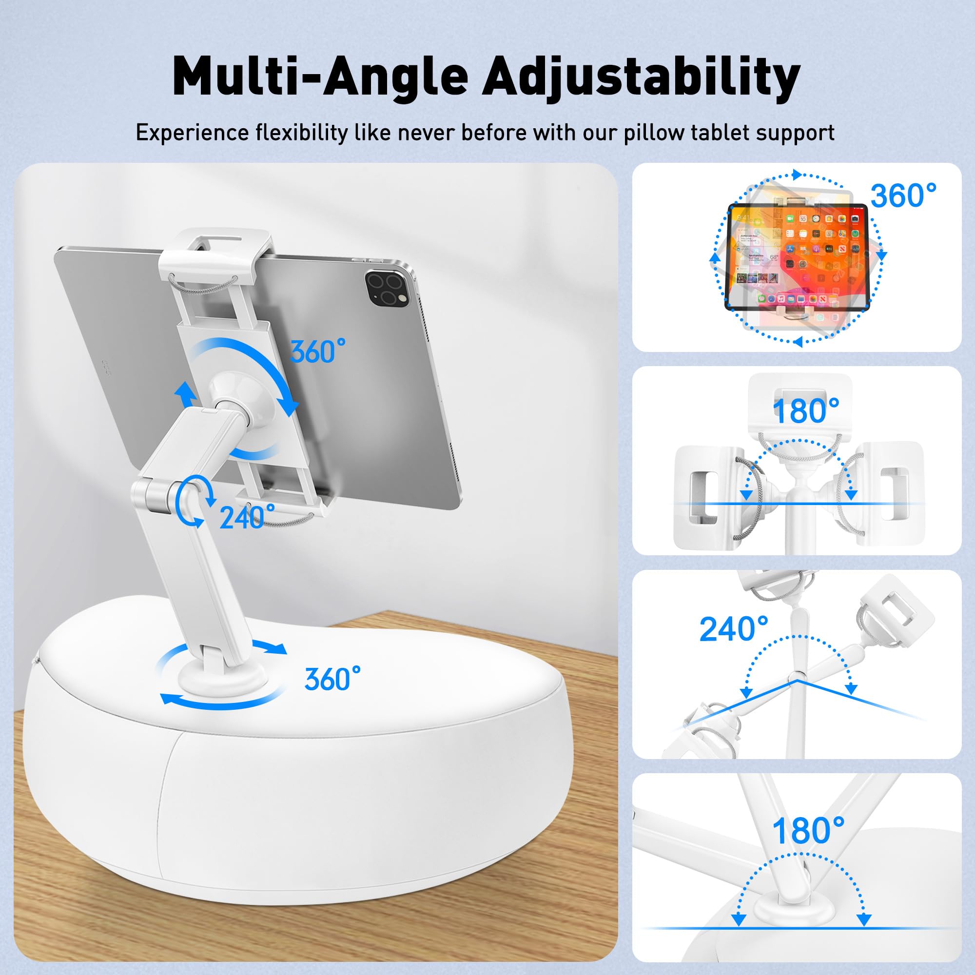 AboveTEK Tablet Kissen Halter, ipad Halterung für Schoß/Sofa mit Weichem Sitzsack, Mehrere Winkel Verstellbar Arm, ipad-Halter Bett für Kindle Handys Tablets von 4,7 bis 12,9 Zoll (Weiß)