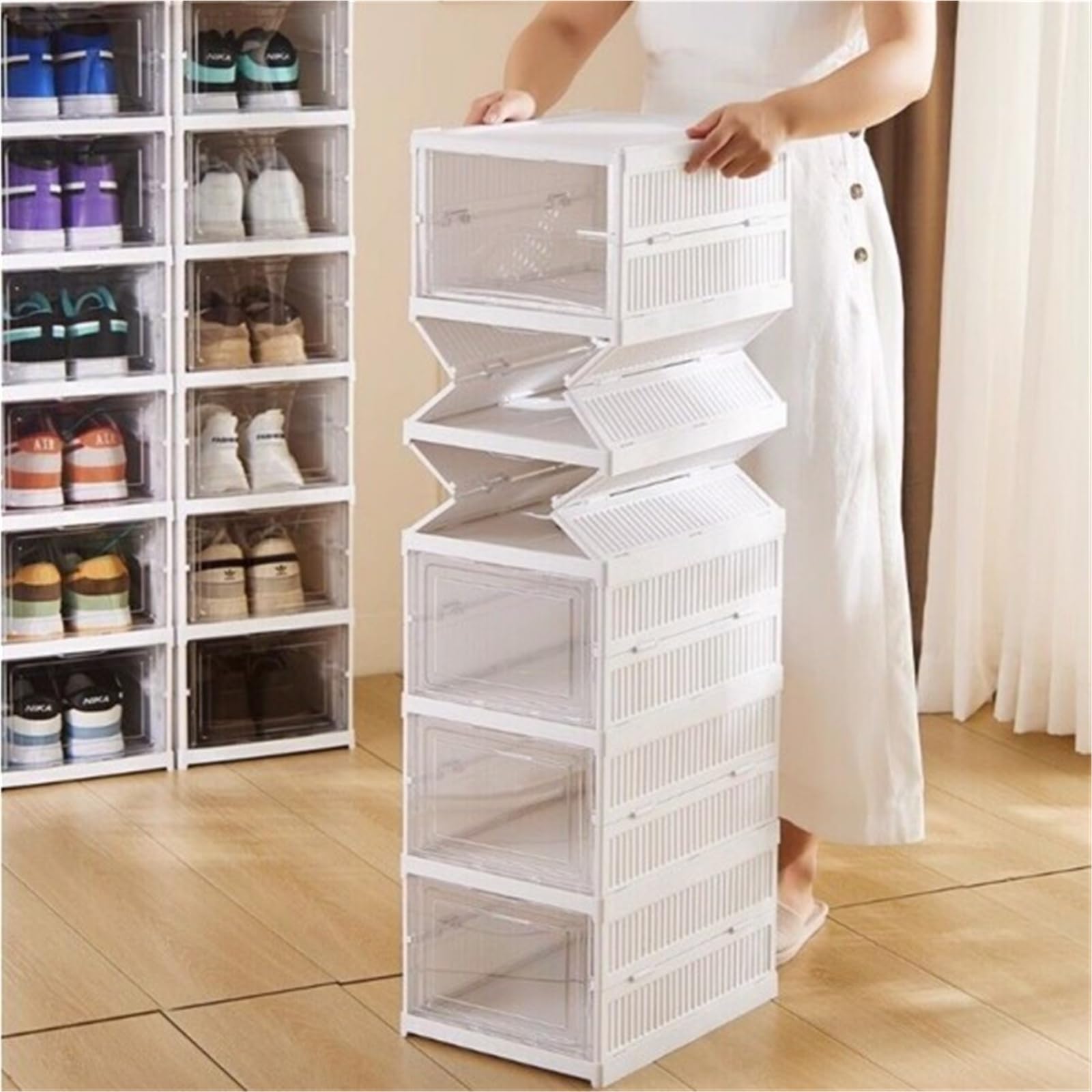 TYNGBT Clear Plastic Stackable Shoe Box, Foldable Collapsible Footwear Organizer for Everyday Storage