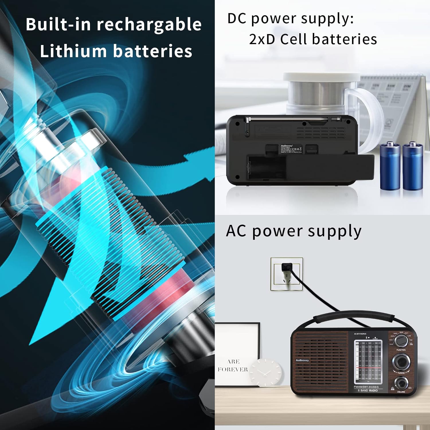 Audiocrazy Shortwave Radio power options: AC, D batteries, and built-in rechargeable battery