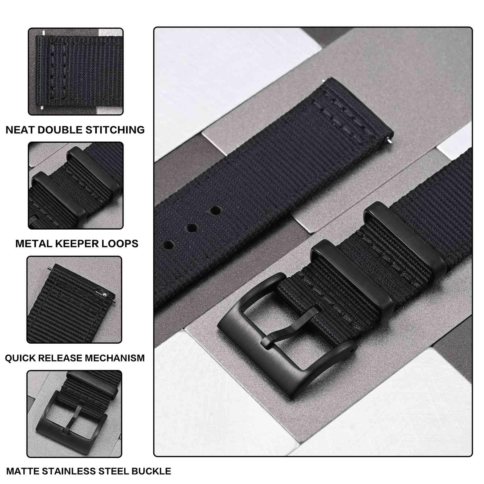 ANBEER Correa de reloj de nylon de dos piezas y cierre rápido con hebilla de metal, pulsera de reloj de nylon tejido de doble capa