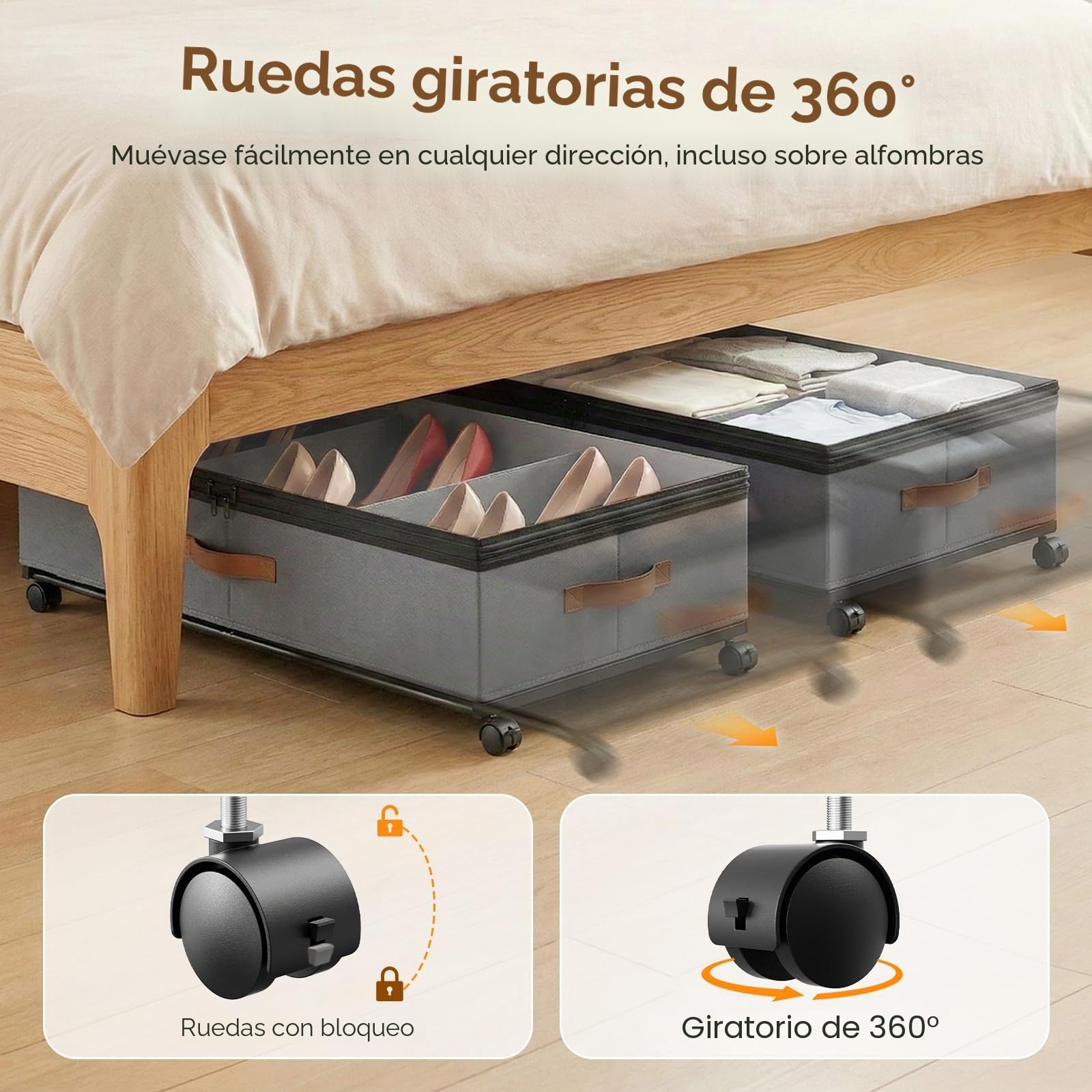 2 unidades de almacenamiento para debajo de la cama de 72 L, con ruedas de rotación de 360° y tapa de PVC, marco de metal, para ropa, zapatos, juguetes y mantas