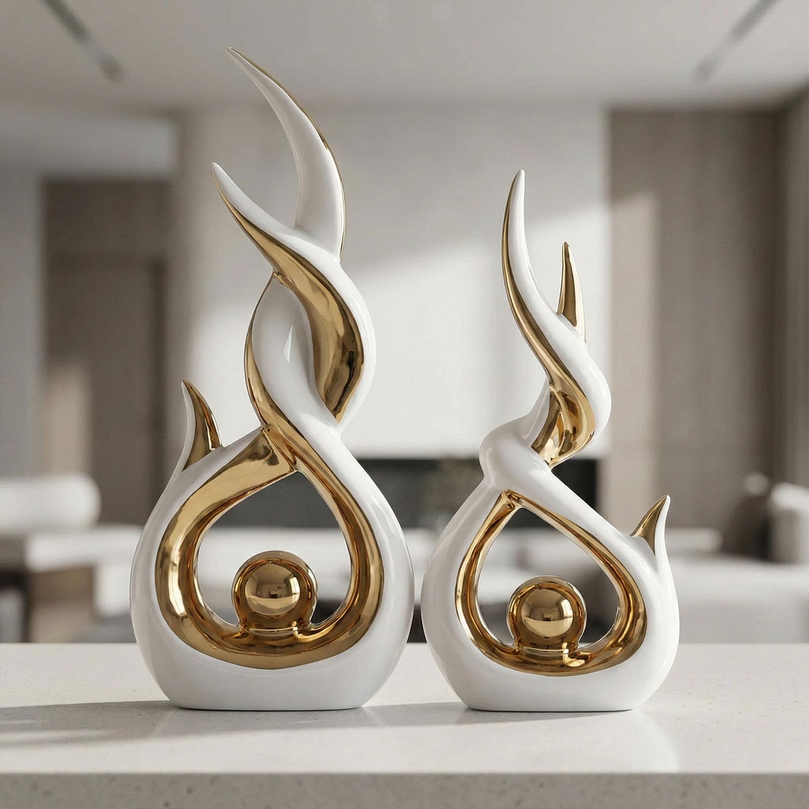 LCCCK Juego de 2 esculturas abstractas de cerámica blanca y dorada, modernas, galvanizadas, estatuas decorativas para sala de estar, estante, mesa, decoración del hogar, regalo de inauguración de la