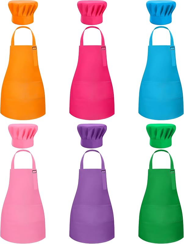 Juego de delantal y gorro de chef para niños, 6 piezas, colorido, ajustable, delantal de cocina para niñas y niños, juguete de simulación, regalo de cocina para niños, pintura para hornear, disfraz de día profesional, suministros de juego de cocina