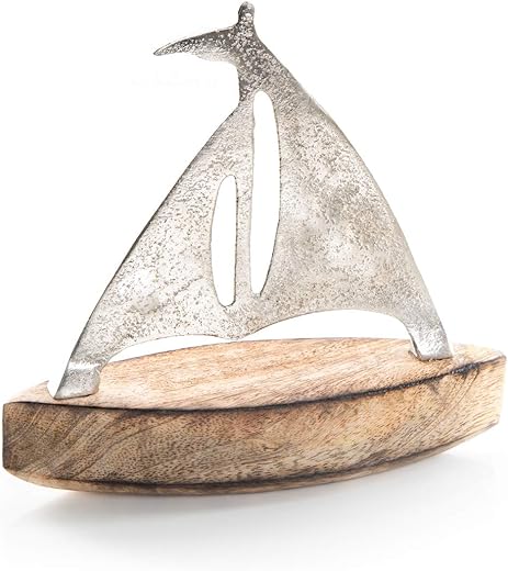 Logbuch-Verlag Sailboat Metal and Mango Wood 17cm Silver Brown Maritime Decoration Travel Gift