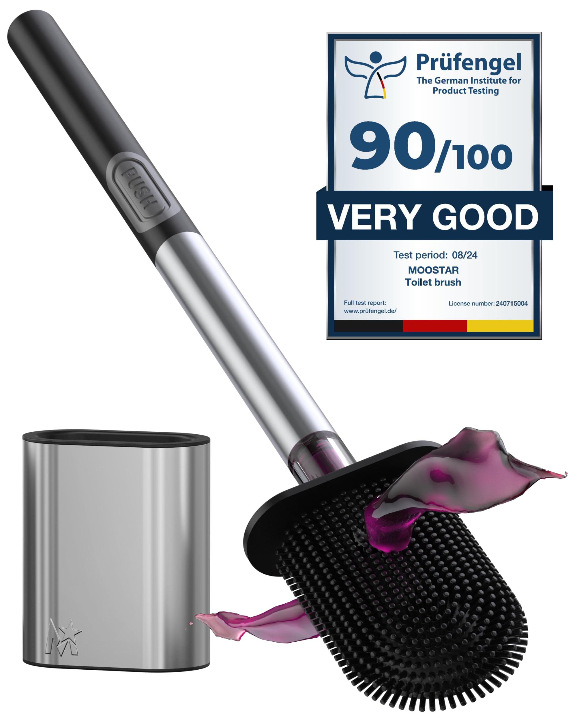 Silicone Toilet Brush with Holder - Stainless Steel Wall-Mounted & Free-Standing Toilet Brushes and Holders with Quick-Drying Flexible Flat Brush Head & Soap Dispenser for Bathroom 1-Pack