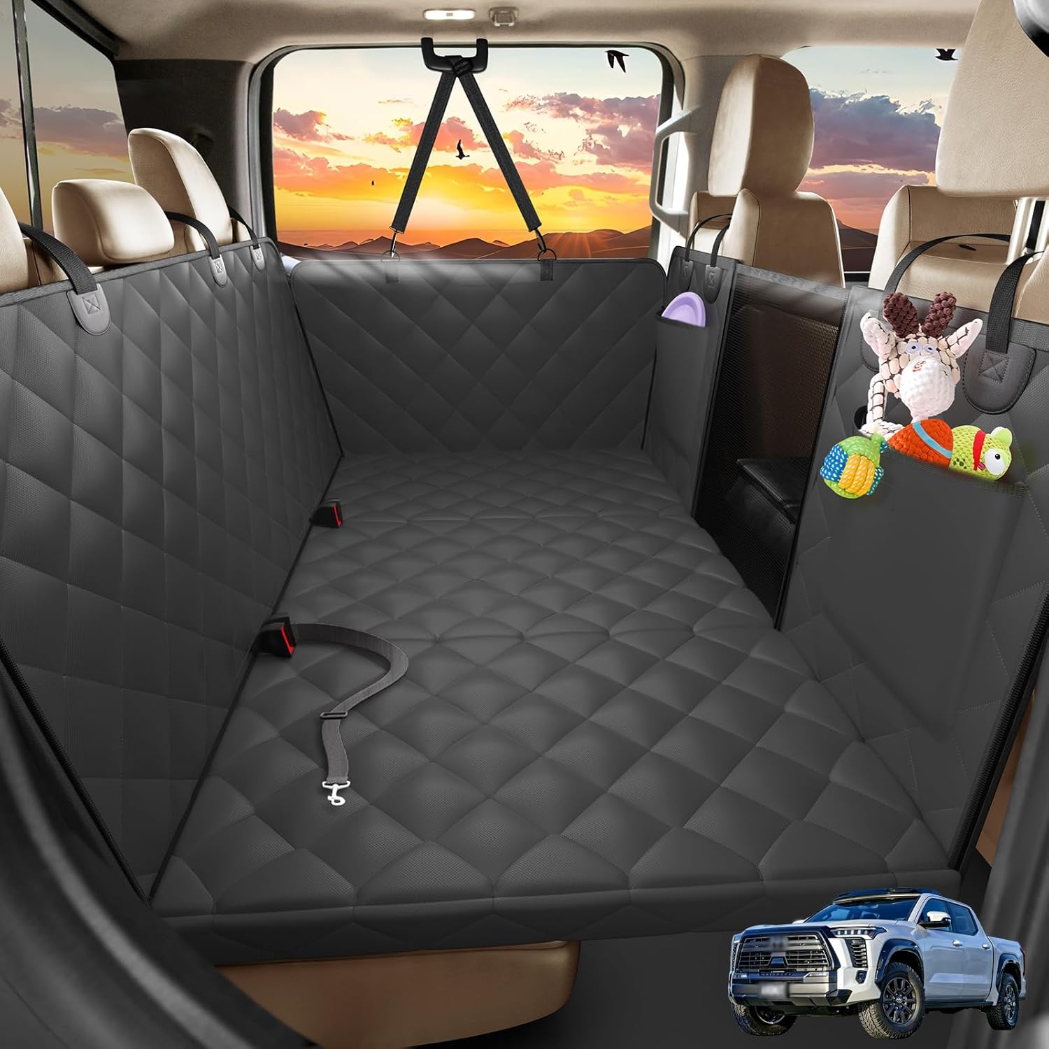 AIREDOULER Truck Dog Seat Cover Back Seat, Hard Bottom Dog Hammock for Car 1.2" Comfort Soft Foam, Waterproof XL Large Pet Extender Bed Supports 560lbs, Durable Platform Protector Full Size Crew Cab