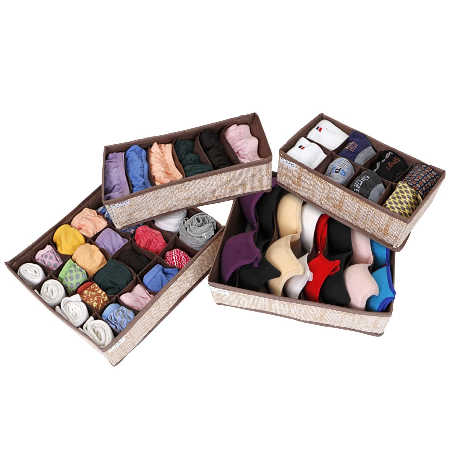 HOKIPO Fabric Undergarment Clothing Organizer Storage Box for Drawers Bra Panty Socks Tie Lingerie Organizer for Wardrobe (NEW-332 + 334 + 335 + 336),Brown