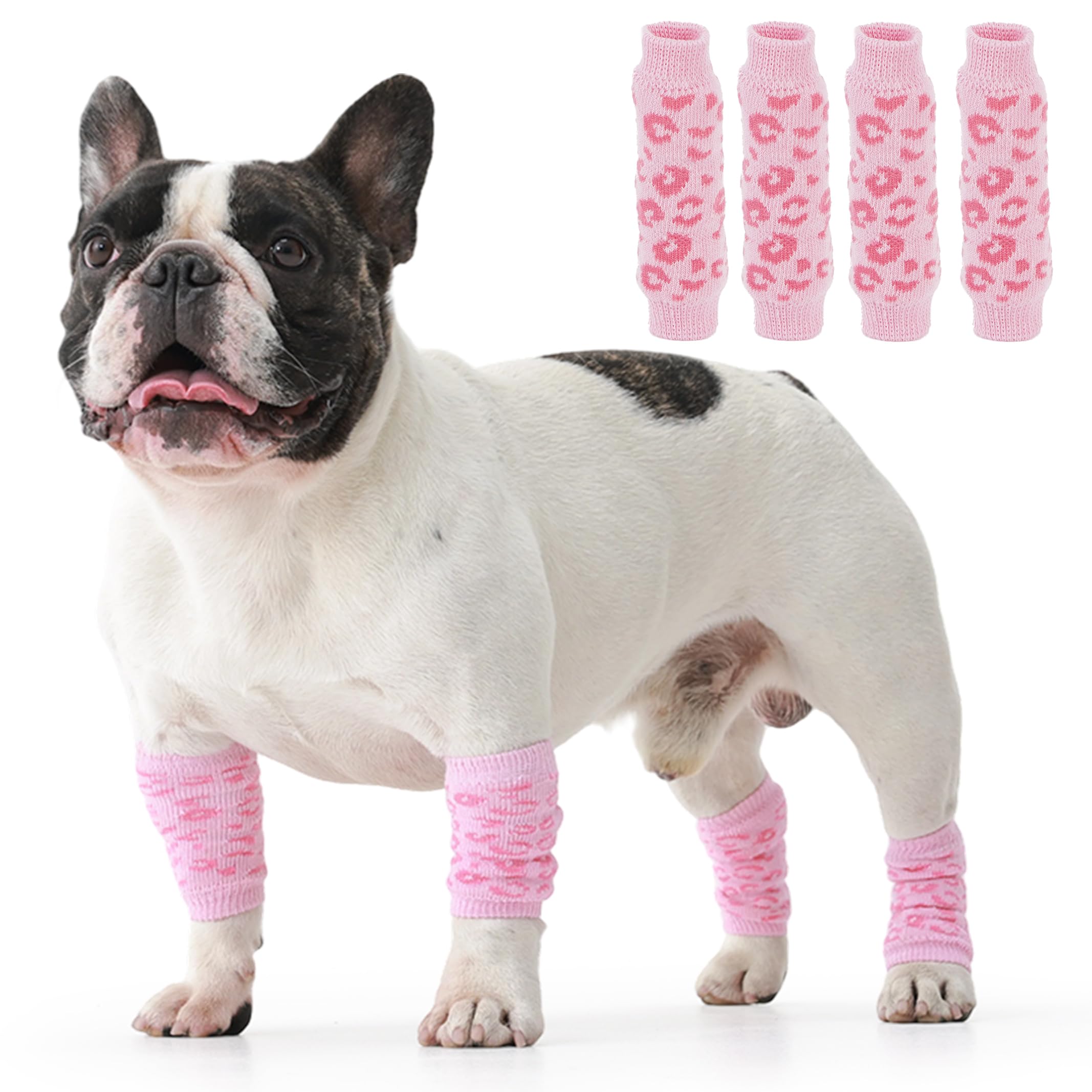 PUMYPOREITY 4 Pcs Dog Leg Protectors, Hind Leg Sleeve Elbow Knit For Sore On-Legs, Pet Leg Protection, Covers Wounds And Reduces Pain(Pink leopard, XL)