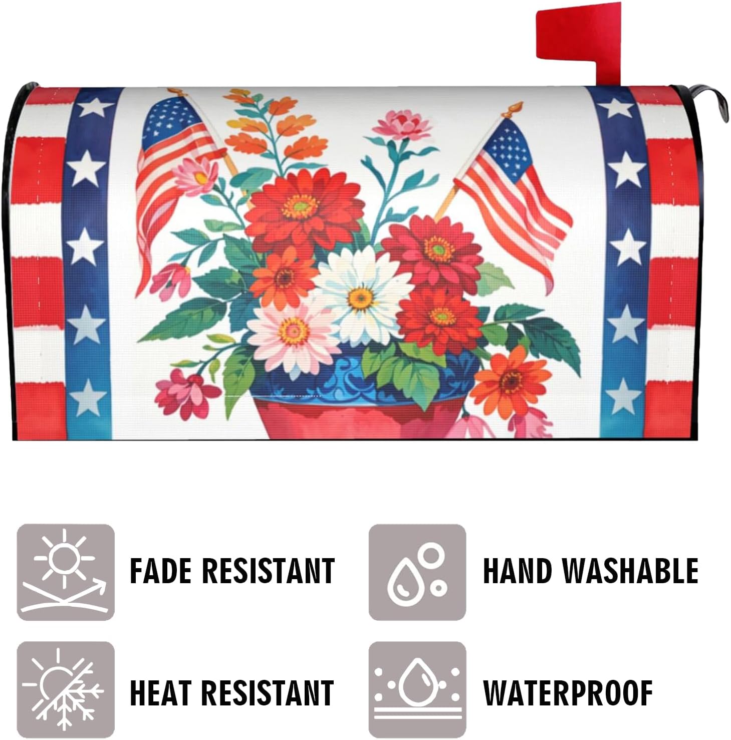 Patriotic American Flower Mailbox Cover, 4th of July Red Blue 25.1" Lx 21" W Magnetic Mailbox Cover, USA Floral Large Size Post Letter Box Wrap Decor, Independence Day Garden Yard Outdoor Decoration