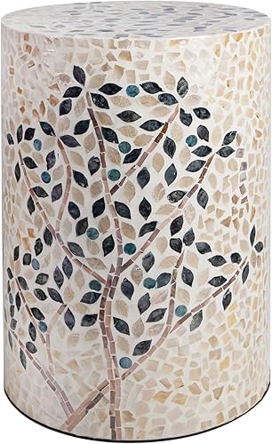 PEMAR Mesa auxiliar de tambor cilíndrico con incrustaciones de nácar Capiz Concha, Taburete de tambor, mesa auxiliar de noche, mesita de noche