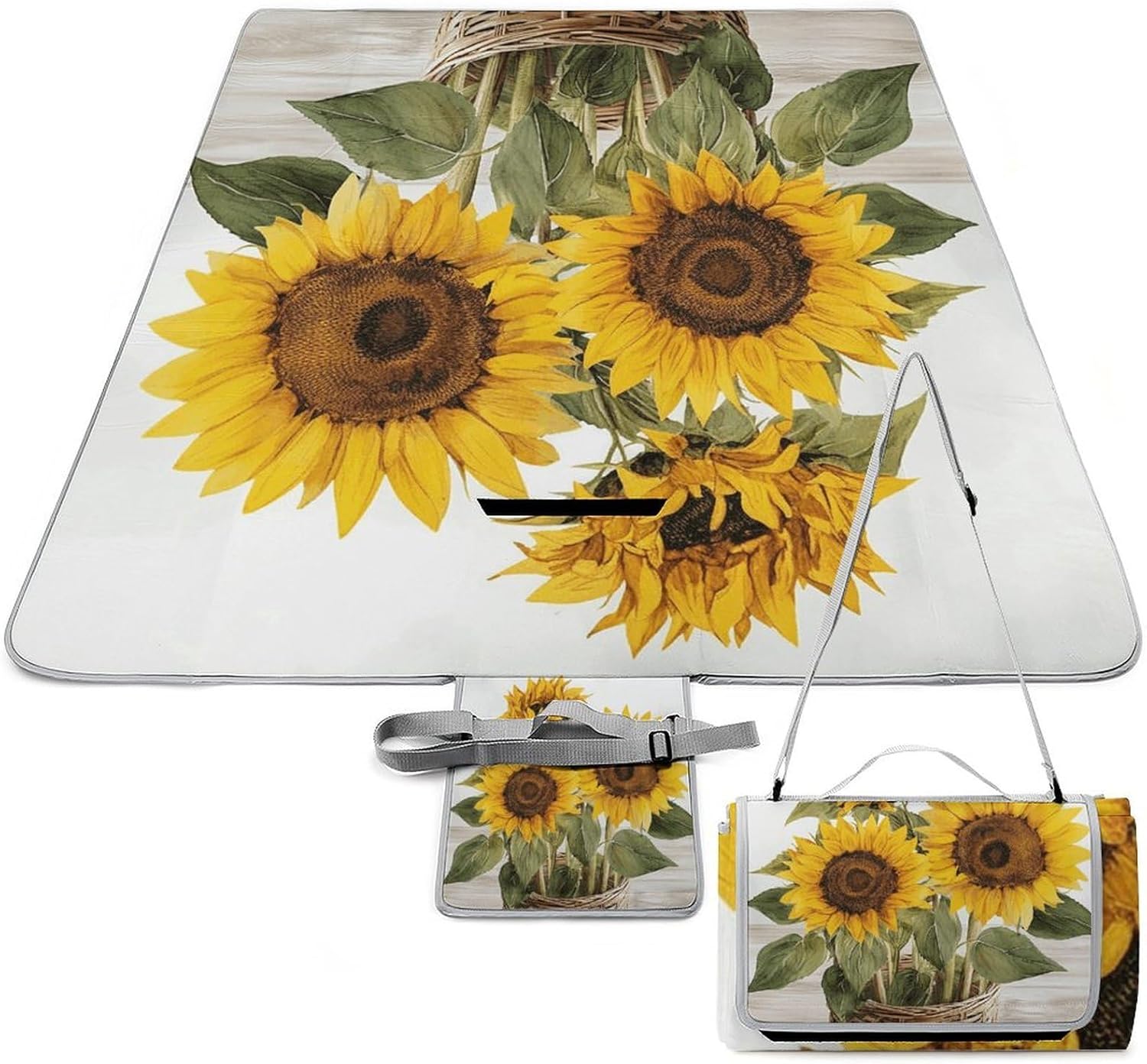 Alluring Sunflowers Summer Waterproof Picnic Blanket 58.3''x58.3'',Portable and Foldable Picnic Mat with Handle,Outdoor Blankets for Lawn Park Beach Travel