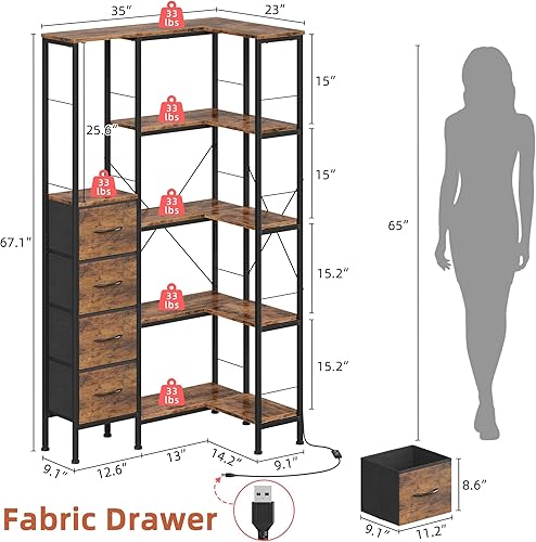 Miniatura 2 de Estantería esquinera con tiras de luz LED y 4 cajones de tela, estante esquinero convertible de 5 niveles con estante de exhibición, estantería
