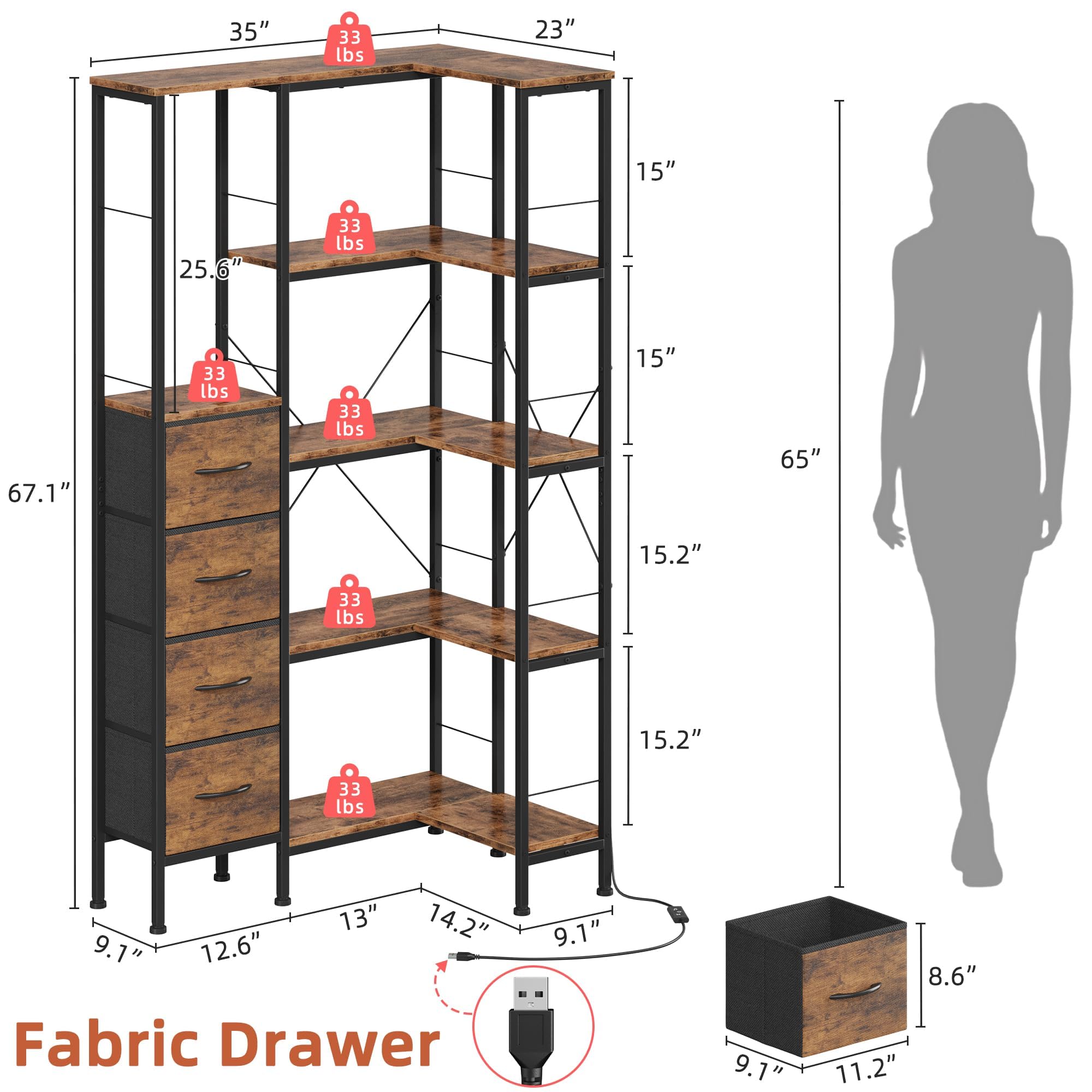 AFLUI 5-Tier Corner Shelf With LED Light & Fabric Drawer – 67" Tall Narrow Bookshelf For Small Spaces, Rustic Brown, For Living Room, Bedroom, Study - View #7